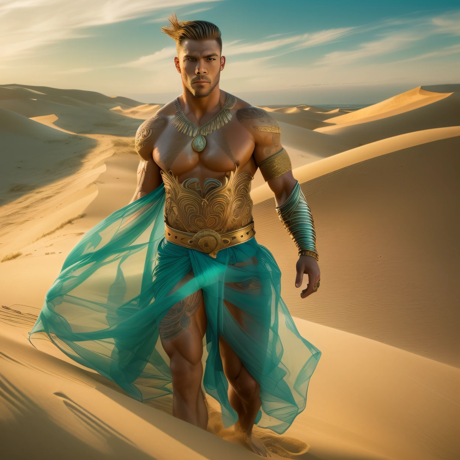 (an incredibly beautiful),(best illumination, golden light, brightly shining),(a handsome hugely muscular tanned warrior man with a tiny waist and tattoos over his whole body),(surrounded by voluminous sheer transparent turquise gauze fabric:1.2),(naked:1.5),(bronze arm armour),(walking over dunes),(gazing), alluring stance