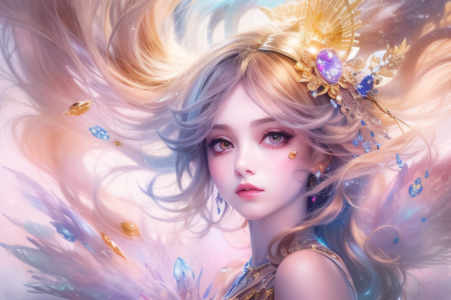 Beautiful eye details, A captivating anime girl gracefully emerges from the pages of a watercolor painting, Her vivid and complex colors are, Bring your artwork to life, (see-through transparent clothes, Transparent costume:1.5), She dons an extraordinary fantasy costume adorned with delicate details, reflecting the enchanting world she inhabits, Luminescent elements, like glowing crystals and ethereal wisps, surround her, casting a soft, otherworldly glow, The style of watercolor painting is、Imbues the image with a sense of fluidity and delicacy, as if the colors are effortlessly blending and bleeding into one another, luminescent glow　Lighting, watercolor brushstrokes, Sophisticated and very delicate anime illustration, unique colors, Portrait of an anime girl, infinite love, Irridescent color, beautiful girl illuminated by seven colors of light,