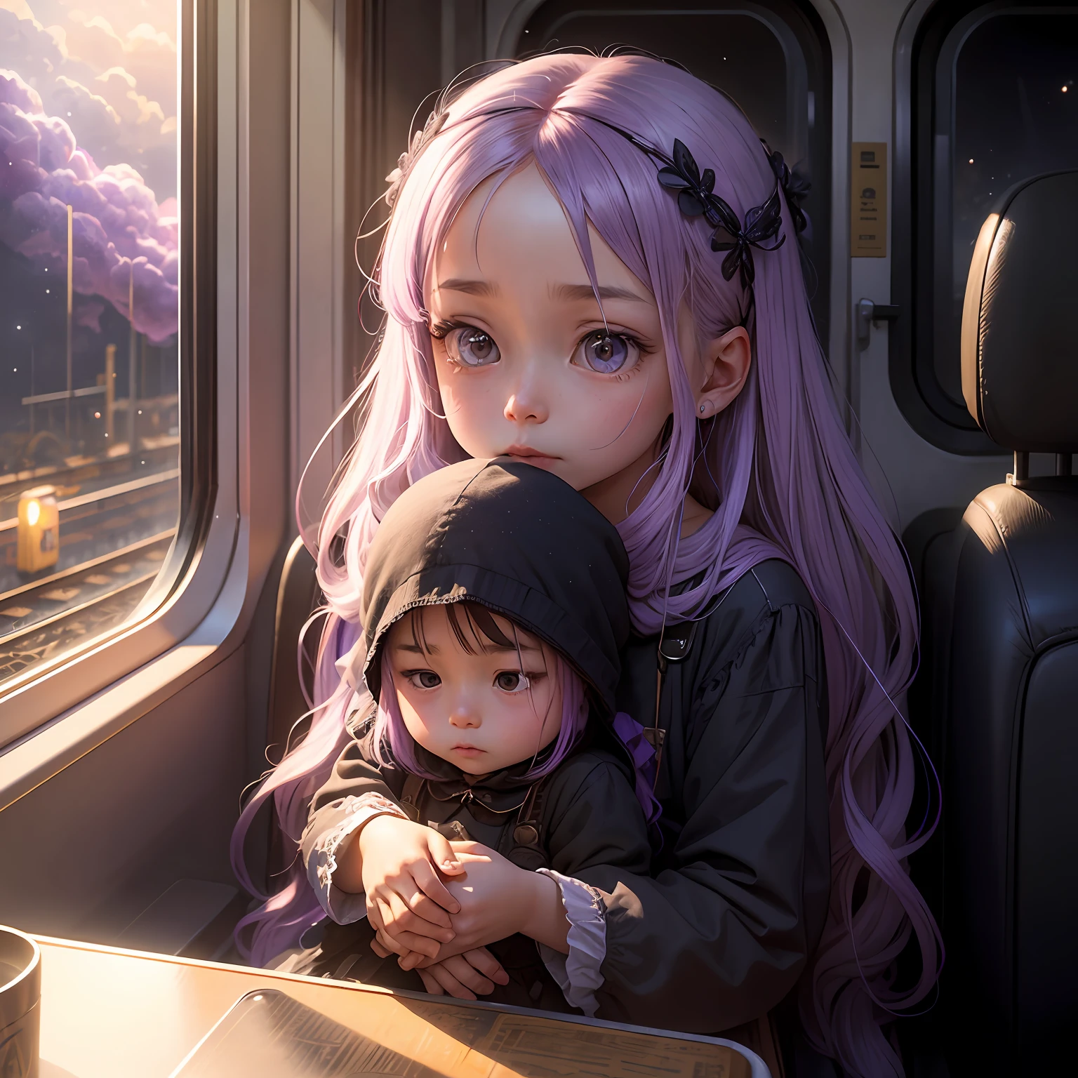 The train comes from the stars,The railroad tracks are cast by the Milky Way,The carriage was sprinkled with blessings,The machine is modern,In the bleak universe,Stop in front of a girl in white,(Littleoutside the car,The little girl her head,No face to see,A sense of mystery,Sprinkle a hair,A purple nebula flashed in his hair,Hair is particularly long,Supernatural art,Magical magnificence