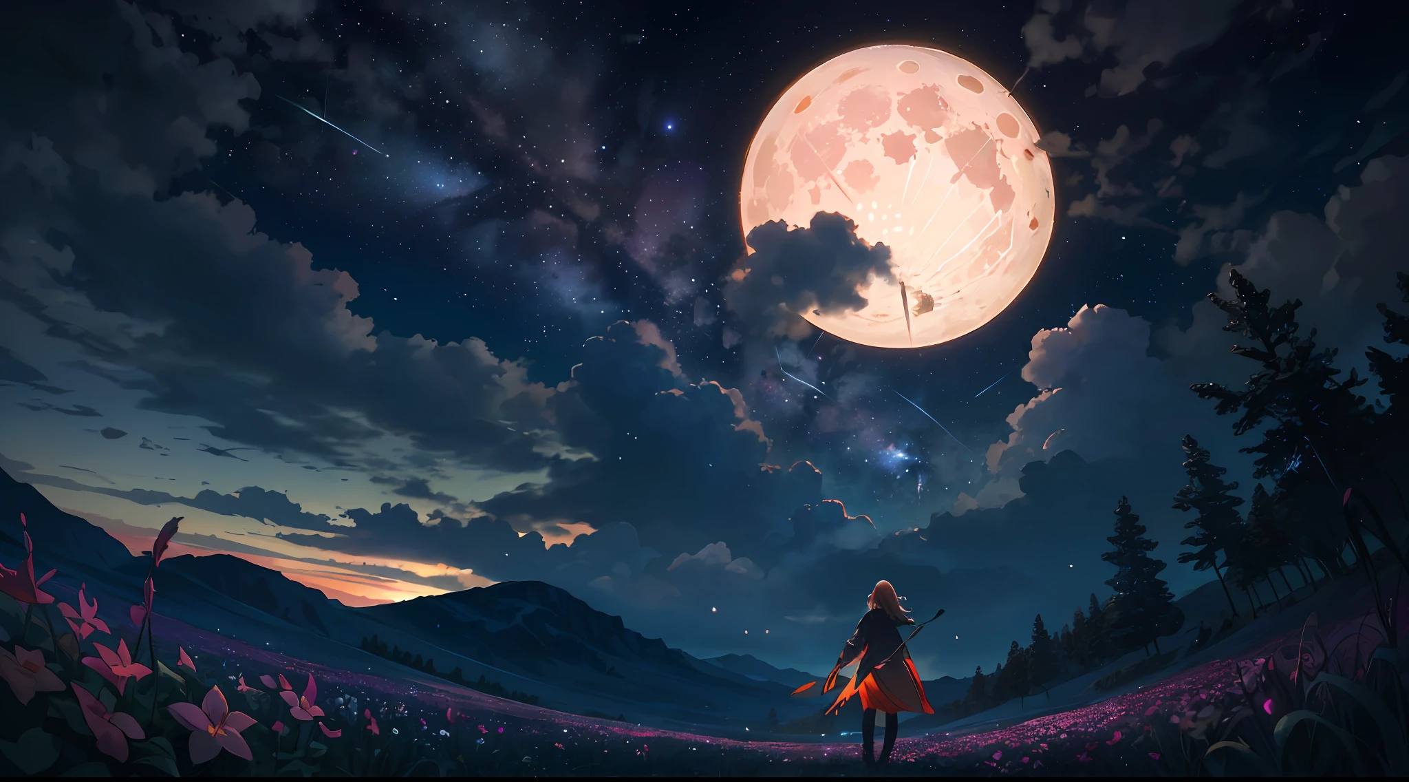 A wide landscape photo, (viewed from below, the sky is above, and the open field is below), a girl standing on a flower field looking up, (full moon: 1.2), (meteor: 0.9), (nebula: 1.3), distant mountains , Trees BREAK Crafting Art, (Warm Light: 1.2), (Firefly: 1.2), Lights, Lots of Purple and Orange, Intricate Details, Volumetric Lighting BREAK (Masterpiece: 1.2), (Best Quality), 4k, Ultra Detailed, (Dynamic Composition: 1.4), Rich in Detail and Color, (Rainbow Color: 1.2), (Glow, Atmospheric Lighting), Dreamy, Magical, (Solo: 1.2)
