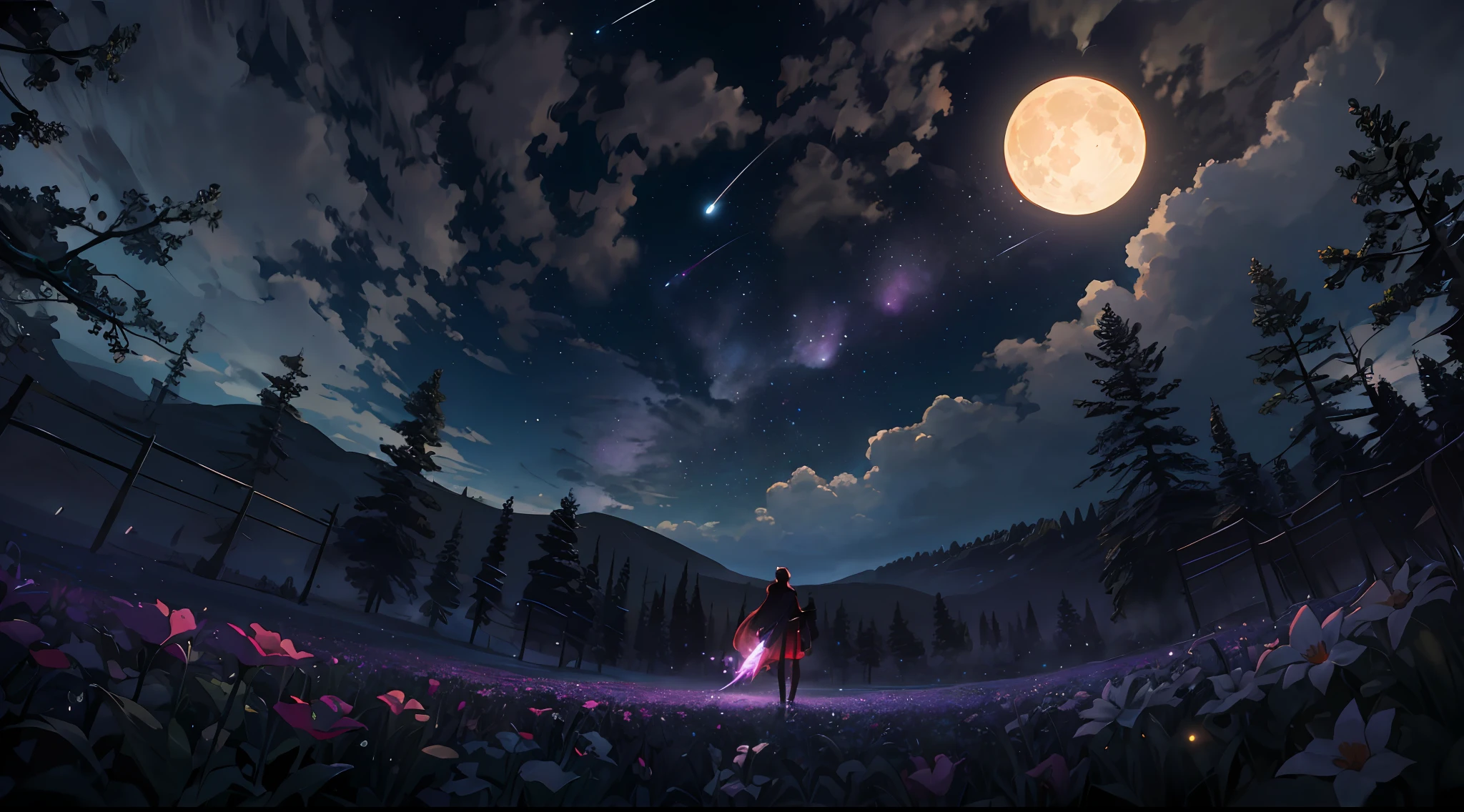 A wide landscape photo, (viewed from below, the sky is above, and the open field is below), a girl standing on a flower field looking up, (full moon: 1.2), (meteor: 0.9), (nebula: 1.3), distant mountains , Trees BREAK Crafting Art, (Warm Light: 1.2), (Firefly: 1.2), Lights, Lots of Purple and Orange, Intricate Details, Volumetric Lighting BREAK (Masterpiece: 1.2), (Best Quality), 4k, Ultra Detailed, (Dynamic Composition: 1.4), Rich in Detail and Color, (Rainbow Color: 1.2), (Glow, Atmospheric Lighting), Dreamy, Magical, (Solo: 1.2)