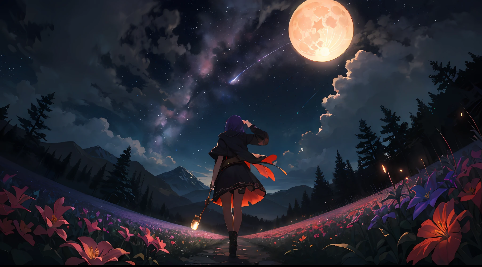 A wide landscape photo, (viewed from below, the sky is above, and the open field is below), a girl standing on a flower field looking up, (full moon: 1.2), (meteor: 0.9), (nebula: 1.3), distant mountains , Trees BREAK Crafting Art, (Warm Light: 1.2), (Firefly: 1.2), Lights, Lots of Purple and Orange, Intricate Details, Volumetric Lighting BREAK (Masterpiece: 1.2), (Best Quality), 4k, Ultra Detailed, (Dynamic Composition: 1.4), Rich in Detail and Color, (Rainbow Color: 1.2), (Glow, Atmospheric Lighting), Dreamy, Magical, (Solo: 1.2)