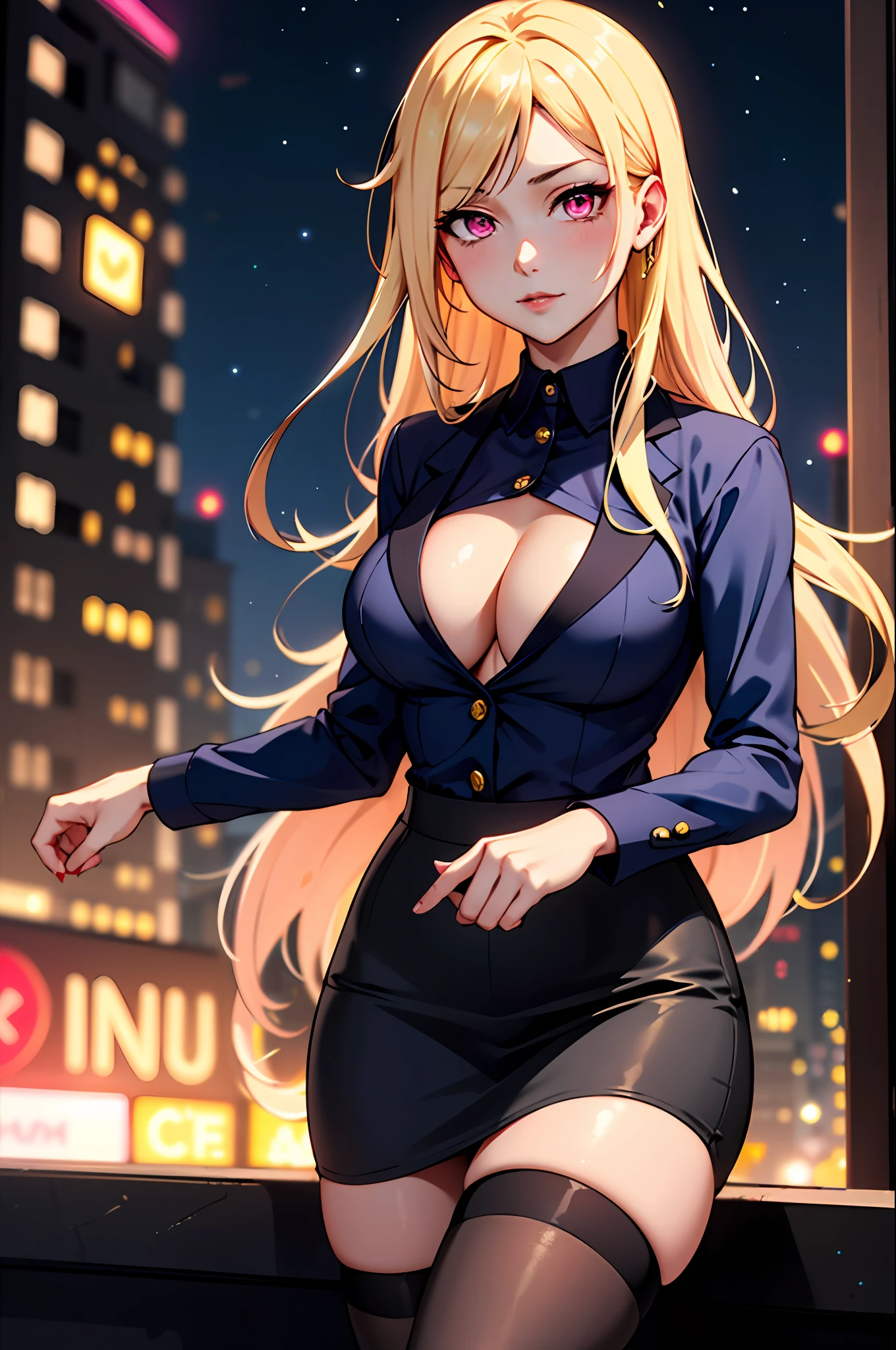 Bewitching anime busty blonde woman in blue suit and tight skirt、Pink eyes、Black tights,Inviting look、Show off your chest、Shirt and long golden hair,Ecchi anime style,Kamimei,Red Light District at Night,neons、Bokeh in the background