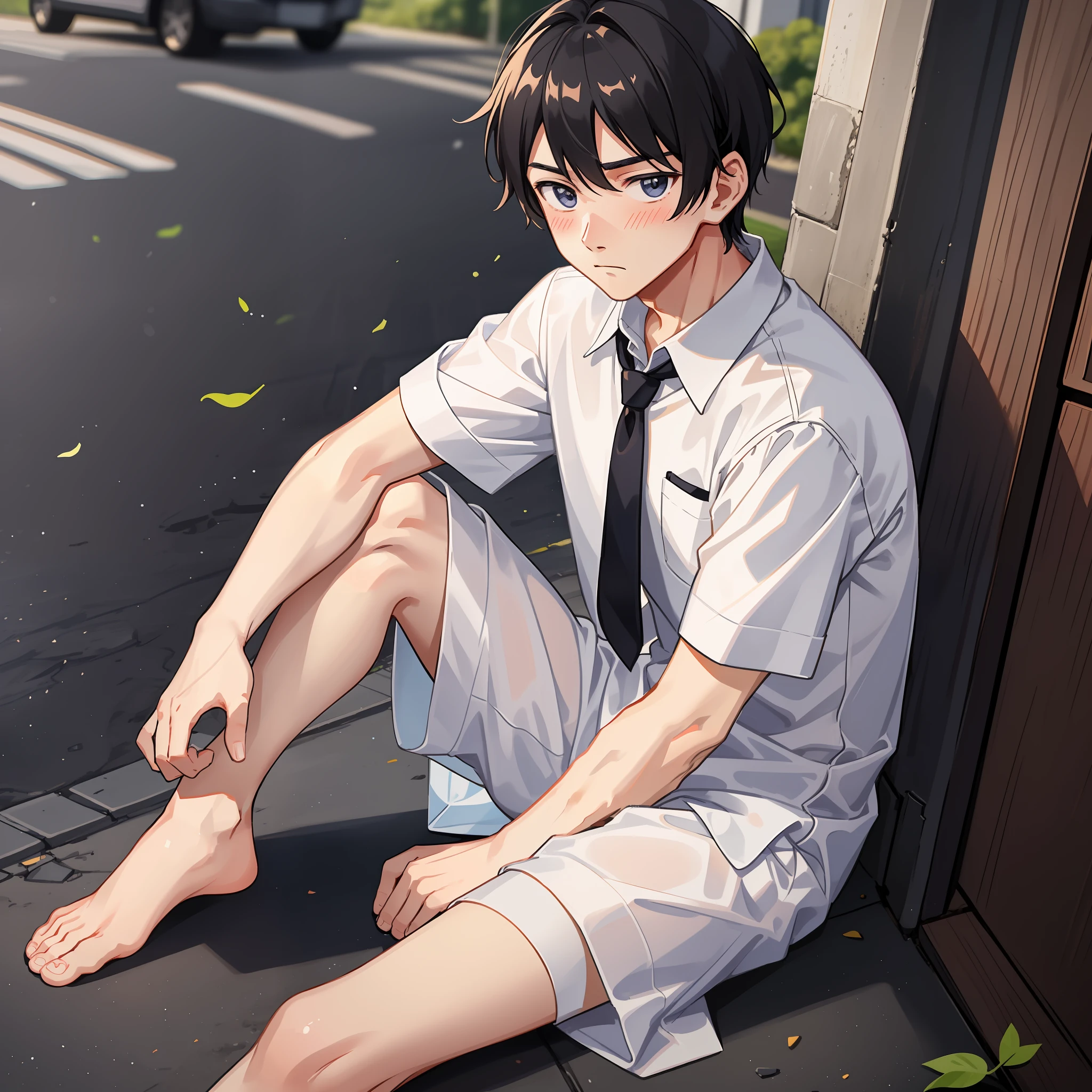 A male teenager,adorable captivating,in a white shirt,He looked sad,Barefoot,sat on the ground。The blush gradually rises,Shy, But handsome。The picture style is fresh and simple,Rendered like a comic,The lens is shown as a vista,(Anime style+Soft cute)