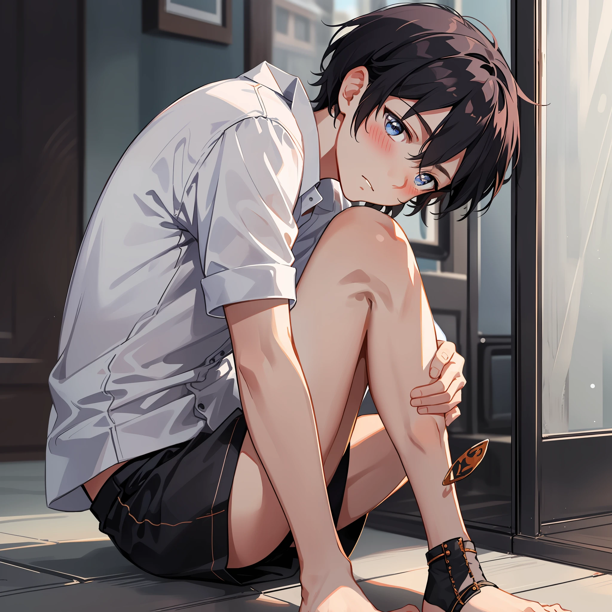 A male teenager，adorable captivating，in a white shirt，He looked sad，Barefoot，sat on the ground。The blush gradually rises，Shy, But handsome。The picture style is fresh and simple，Rendered like a comic，The lens is shown as a vista，（Anime style+Soft cute）