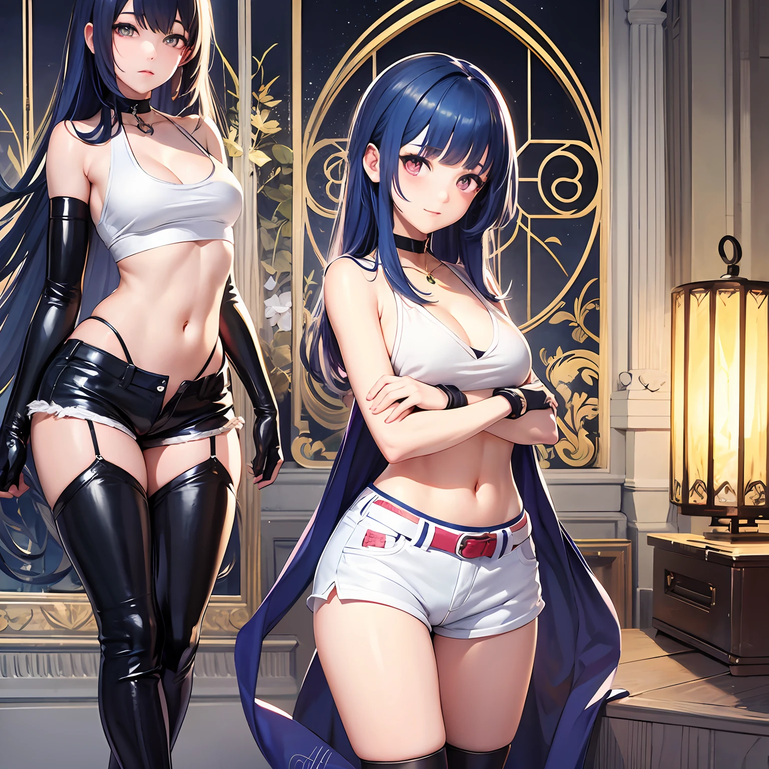 From behind, looking at viewert, full body, Wide shot, Masterpiece, Best quality, A high resolution, 1girll, Solo, Dark blue hair, Pink eyes, Long hair, (White cut top: 1.2), Medium breasts, Thin, Narrow waist, choker necklace, Blunt bangs, Curved, standing, Short shorts, Lacquered gold leather boots, Hiherz,