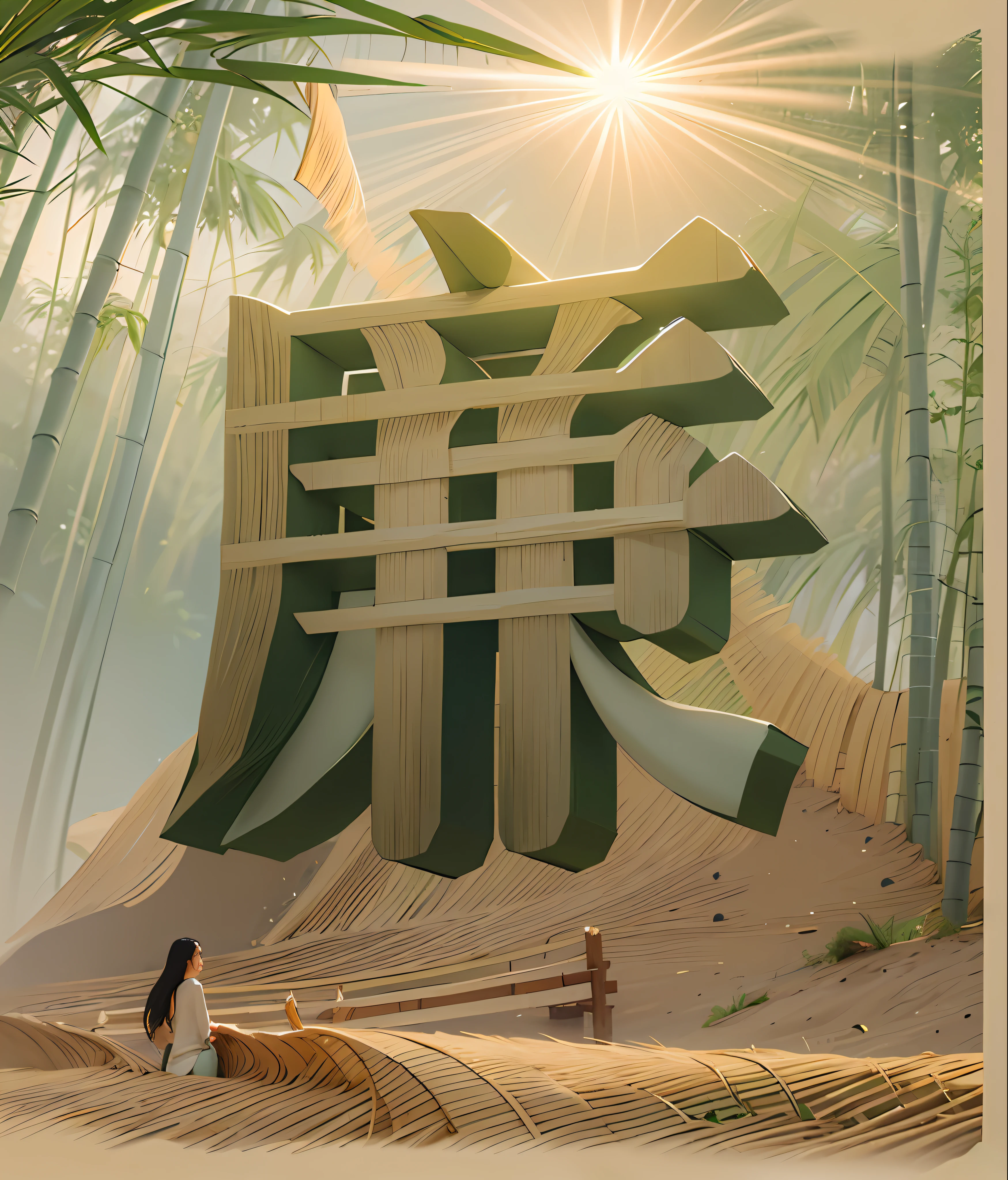 made of bamboo, bamboos, Bamboo, In a green bamboo forest, Sunlight exposure，cgsociety and fenghua zhong, trend on behance 3 d art, trend on behance 3d art, japonisme 3 d 8 k ultra detailed,There is a river beach in the distance，ricefield，Wheat，phragmites，River side，There is a bamboo forest path on the shore，Stand on the bamboo forest path