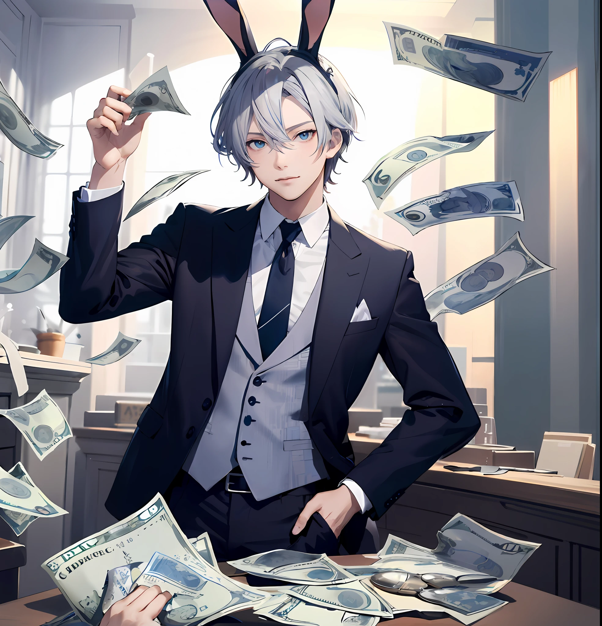 Anime characters wear suits and ties,Holding money at the table, Handsome anime pose, anime key visual of elegant, trending on artstation pixiv, Best anime 4k konachan wallpaper, offcial art, Tall anime guy with blue eyes, ryuta ueda artwork, from girls frontline, official character illustration, official character art, high detailed official artwork