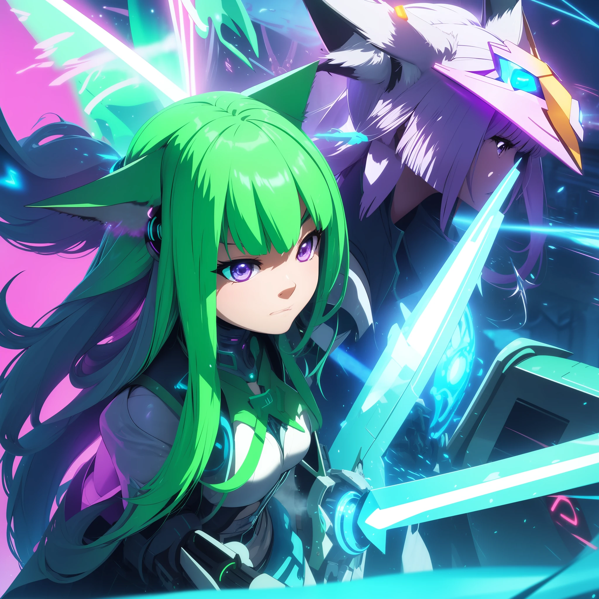 cyber punk perssonage，Blue steam，Green fluorescence，Red lumens，Purple fog，sense of science and technology，Cyberwind，Future wind，fox ear
