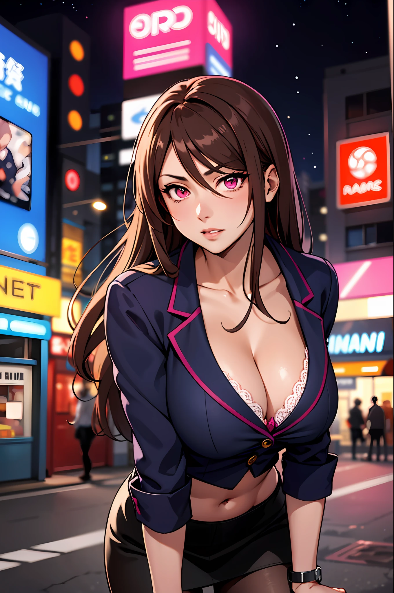 Bewitching anime busty woman in blue suit and tight skirt、Pink eyes、Black tights,Inviting look、Show off your chest、The bra is only slightly visible、Shirt and long brown hair,Ecchi anime style, bending forward,Kamimei,Red Light District at Night,neons、Bokeh in the background