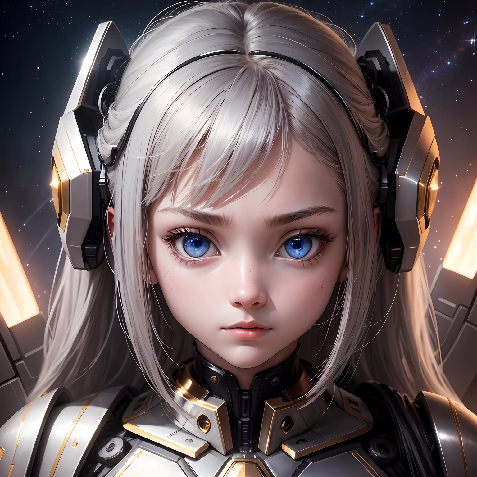 The robot is semi-metallic and shiny,Half is the face of a girl lost in thought,The girl's eyes are the appearance of stars,Supernatural art,Magnificent