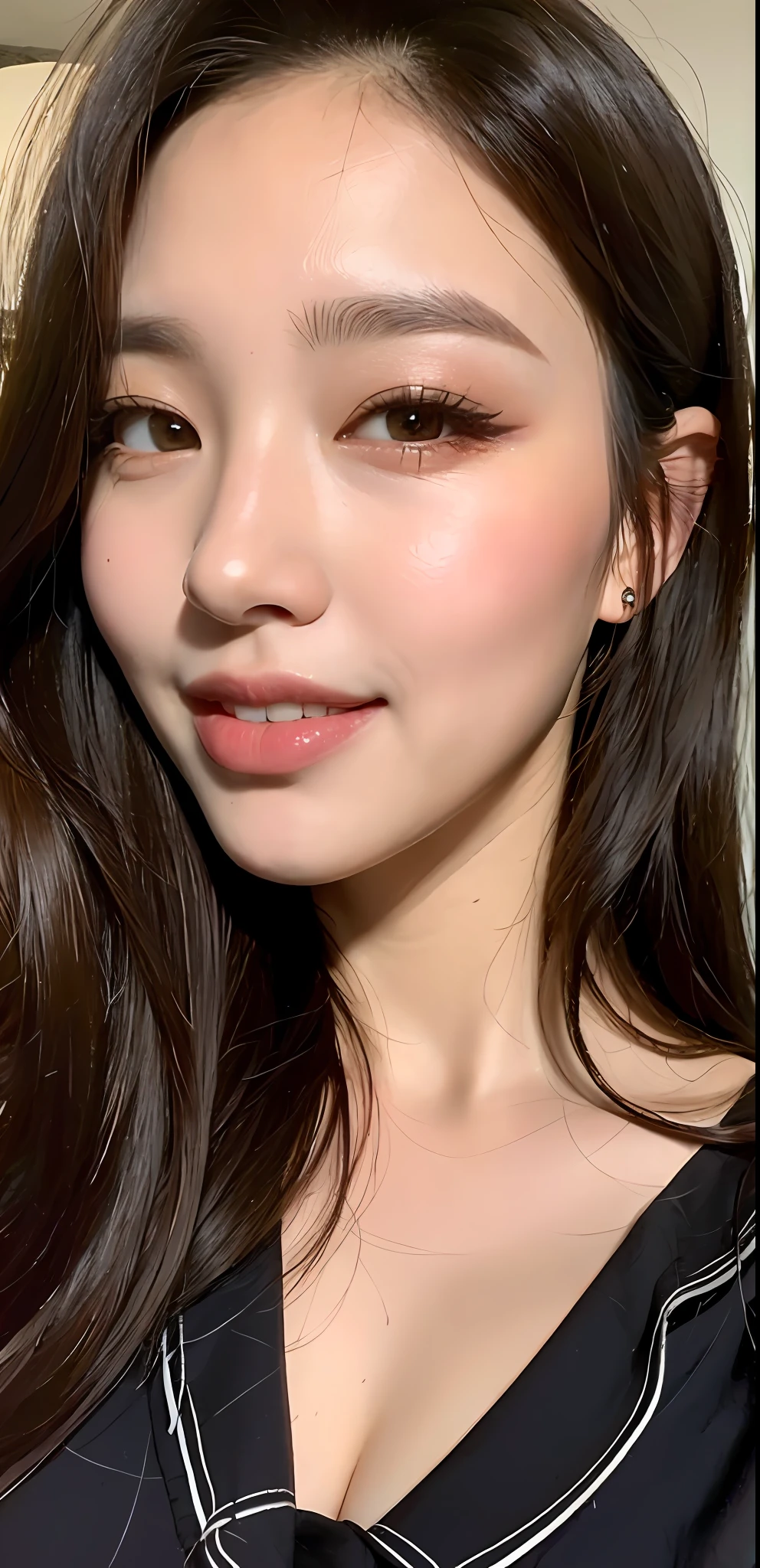 ((Midnight, Best quality, 8k, Masterpiece :1.3)), Sharp focus :1.2, A pretty woman with perfect figure :1.4, ((Dark brown hair, Big breasts :1.2)), ( pajama, laying on bed:1.2), ((bedroom :1.3)), Highly detailed face and skin texture, Detailed eyes, Double eyelid, cleavage, smile, face close up, sexy look