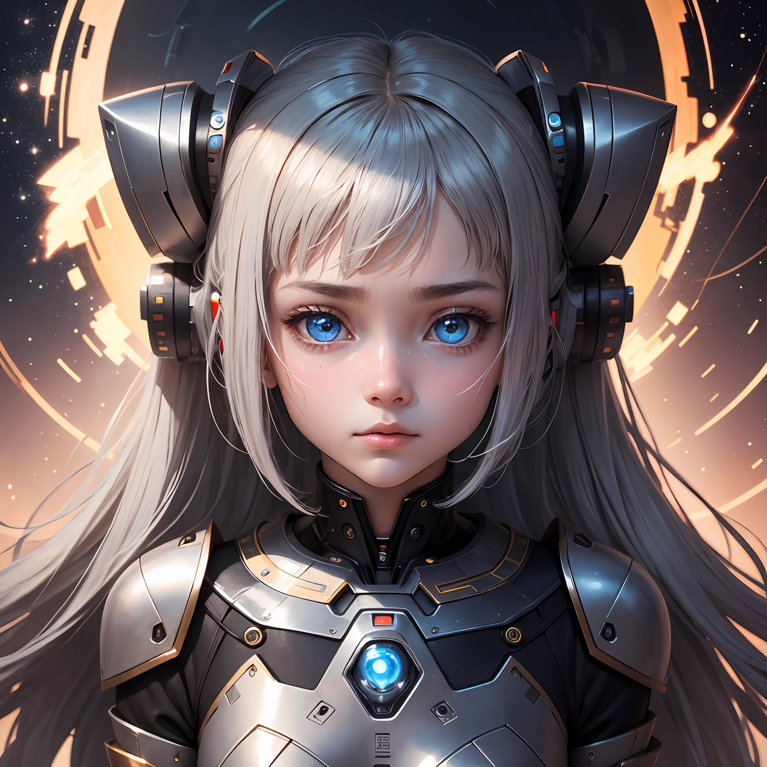 The robot is semi-metallic and shiny,Half is the face of a girl lost in thought,The girl's eyes are the appearance of stars,Supernatural art,Magnificent