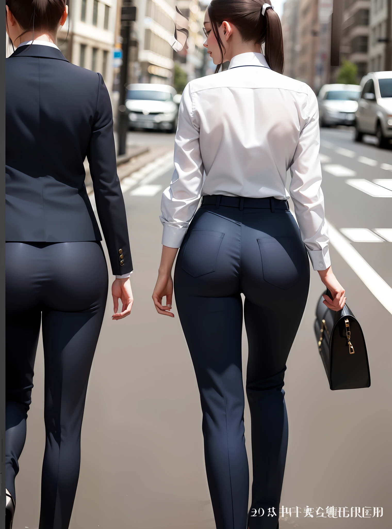 Two women in business clothes walking down the city street, shapely toned derriere, walking to work, thicc, thick thigs, wearing only pants, buttshape, wearing tight simple clothes, tight attire, insanely inflated hips, toned derriere, wearing tight suit,The upper body is almost transparent, skinny waist and thick hips, wearing pants, (sfv) safe to work