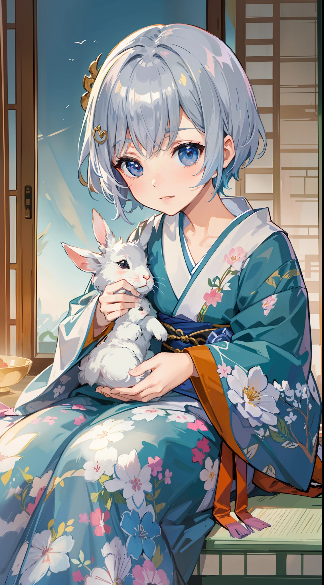 Become a woman。Female with rabbit ears。Short-haired woman with silver hair。Woman in blue kimono、I am in a Japanese-style room。I am sitting upright。It is an anime-style illustration。Beautiful with the best image quality。
