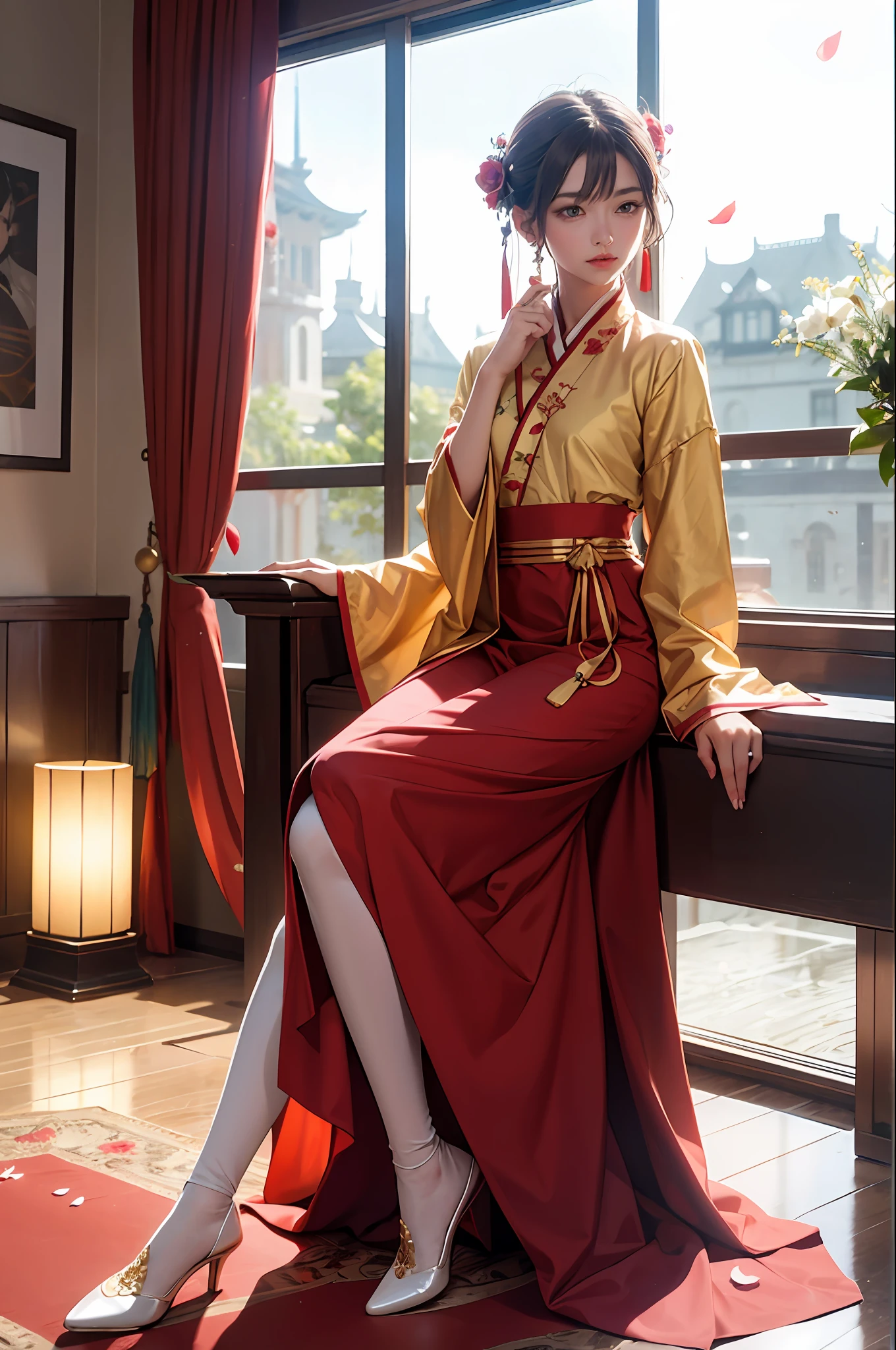 Need,tmasterpiece,A high resolution,(Delicate figure:1.5),Absolutely beautiful,(Milky skin:1.3),exquisitedetails,A high resolution,Wallpapers,1female,独奏,shift dresses,hair adornments,(((Golden and red dress)) ), florals, long whitr hair, A brown-haired, Keep one's mouth shut, trinkets, longer sleeves, Raise Hand, Wide sleeves, Big eyes, Fluttering, Hanfu, Hanfu, embroidery, long skirt, natural poses, falling flower petals, inside in room, Fanning,lanterns,16K,HDR,A high resolution,depth of fields,(filmgrain:1.1),Bocoon,prime time,(lens flare glow),Vignette,rainbowing,(Color:1.5),the feet,white legwear