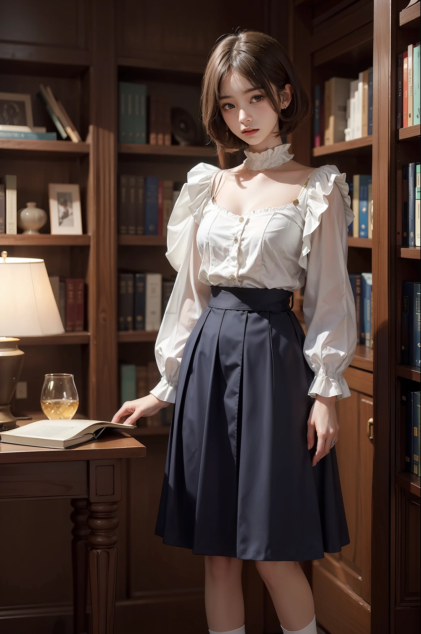 30-year-old woman with、(hi-top fade:1.3)、length hair、Dark theme、Soothing tones、Subdued Color、highly contrast、(natural skin textures、Hyper-Realism、Soft light、sharp)、Capture the serene beauty of a young woman immersed in the peaceful atmosphere of the library。Soft diffused lighting gently illuminates her features、Emphasis on her delicate expression、Creates a quiet atmosphere。Library shelves full of books、Provides a background of knowledge and wisdom。Focus on capturing the natural charm and elegance of models、Maintains the essence of calm and reflective moments。Lovely 21-year-old Japan gravure model with soft, wavy gray-brown hair adorned with ribbons、You will be captivated with a seductive look。(White blouse with ruffles、Blue skirt with ruffles、I'm wearing white ankle socks with ruffles。Standing in front of a bookshelf、Exudes a melancholic charm)、Create a scene where beauty and ephemerality intertwine。
