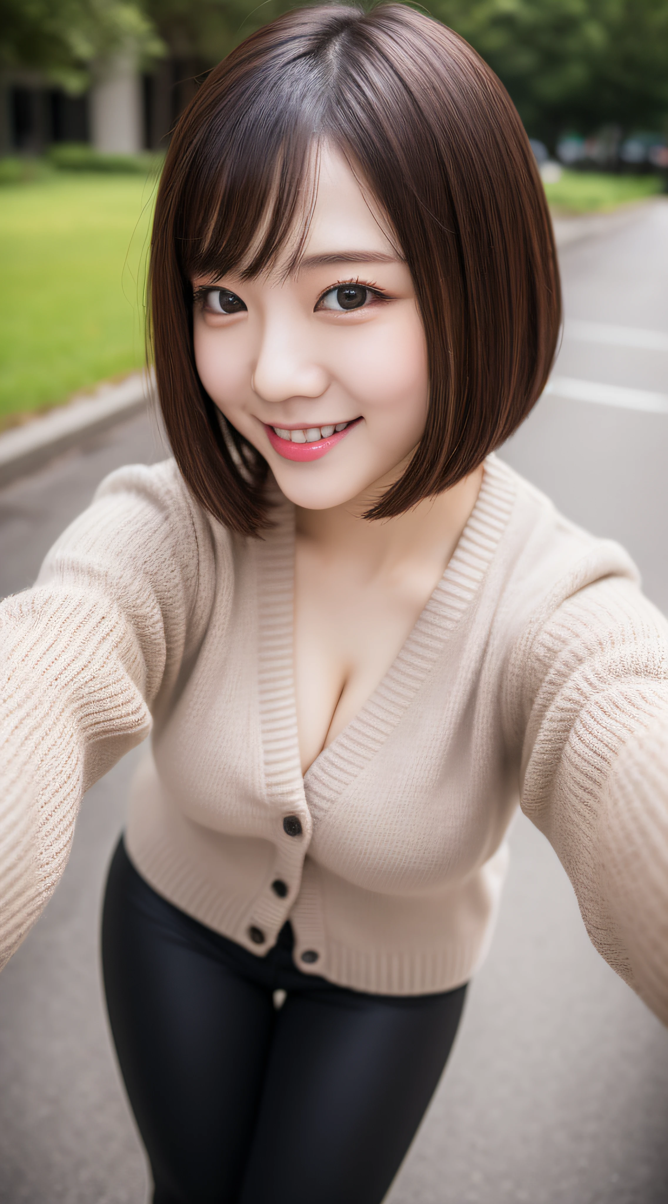 ultra, high quality, raw image, Highly detailed, indonesian girl, 25 years-old, cardigan, detailed face, beautiful face, short casual hairstyle, , big breast, plump body, outdoor, selfie, sweet smile, tight legging