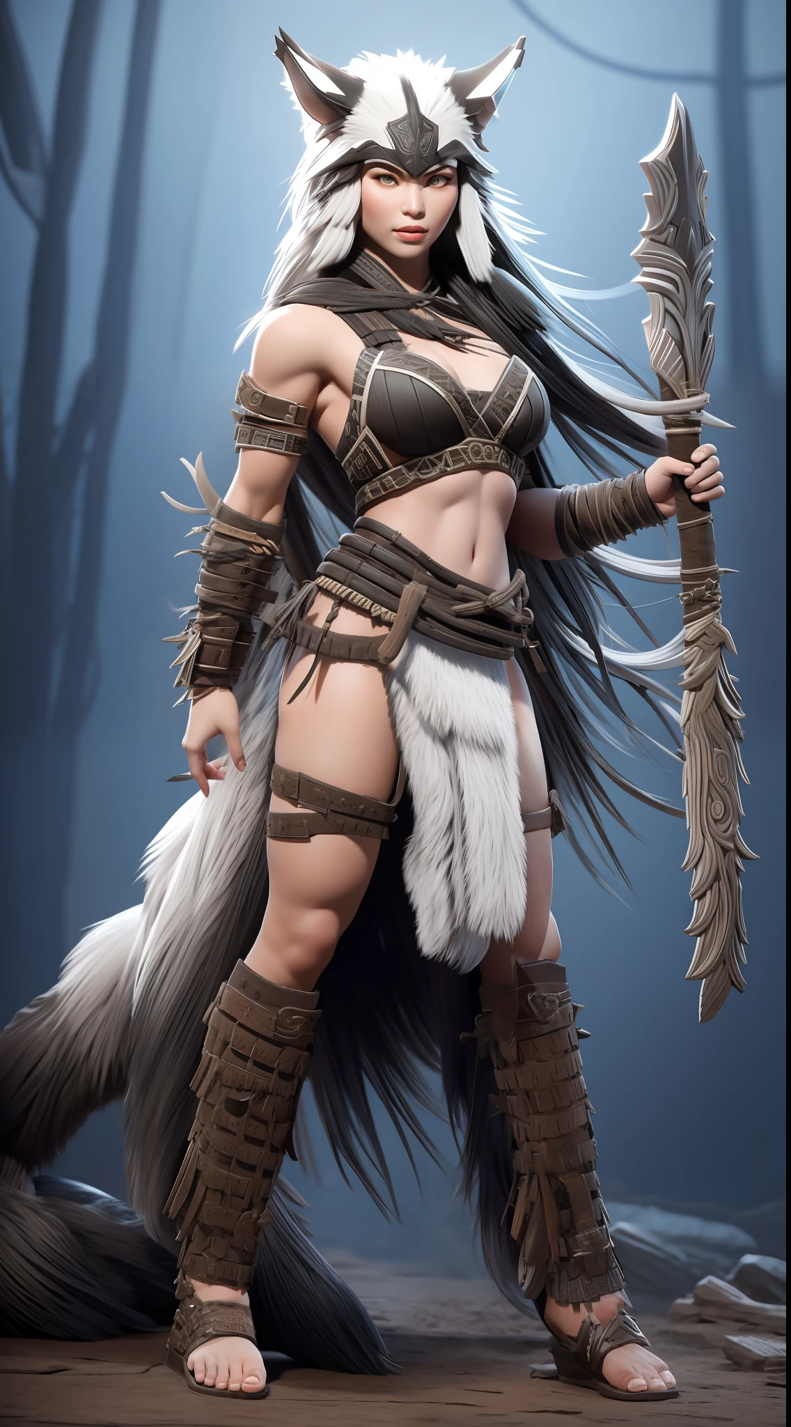 1 woman、Full body like、Primitive barbarian style，Strong body shape，highly details eye、详细的脸，Human heads、Wolf's skin draped over his shoulders，Full body standing painting，dynamicposes，white backgrounid，tmasterpiece，best qualtiy，Best resolution，8K，