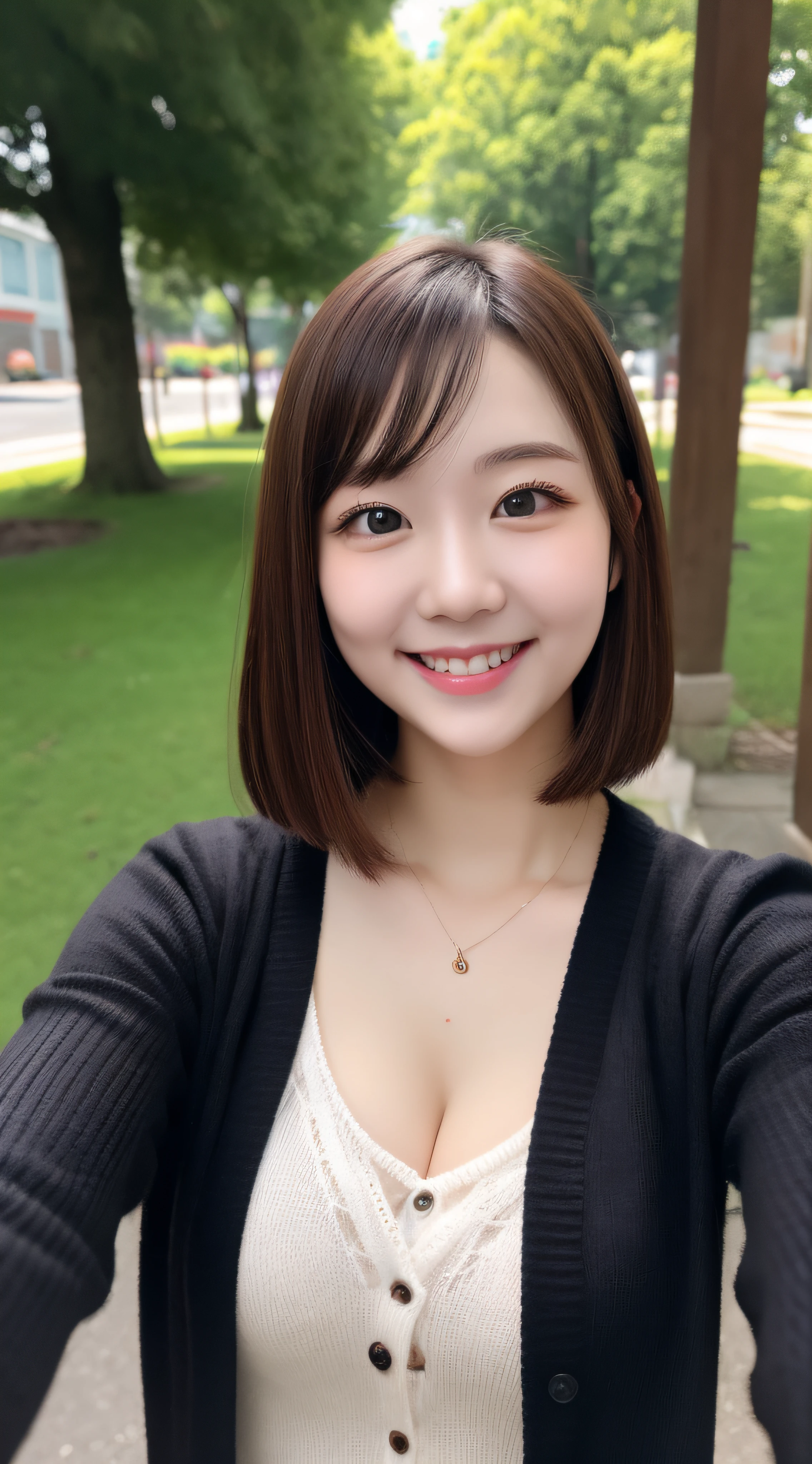 ultra, high quality, raw image, Highly detailed, indonesian girl, 25 years-old, cardigan, detailed face, beautiful face, short casual hairstyle, , big breast, plump body, outdoor, selfie, sweet smile, tight legging