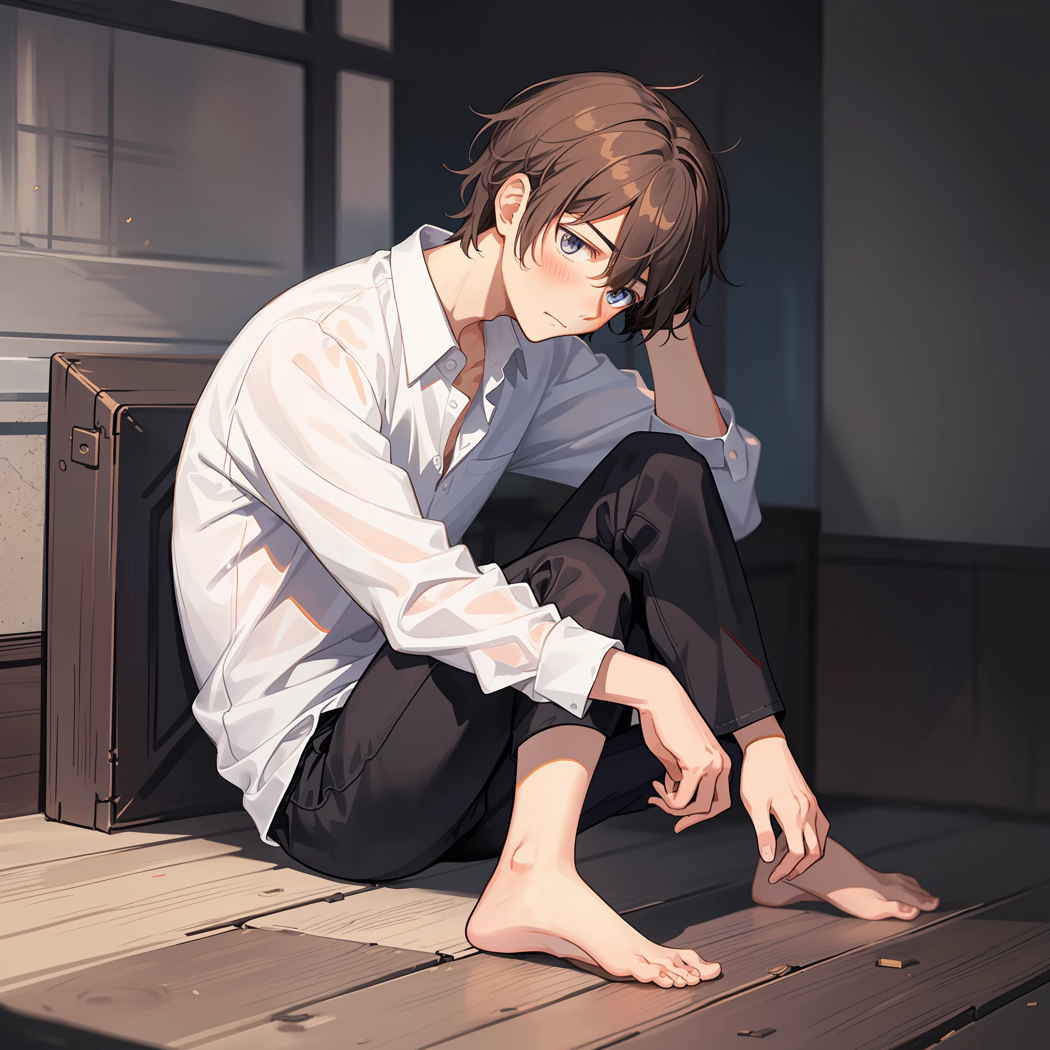 A male ager,adorable captivating,in a white shirt,He looked sad,Barefoot,sat on the ground。The blush gradually rises,Shy, But handsome。The picture style is fresh and simple,Rendered like a comic,The lens is shown as a vista,(Anime style+Soft cute)