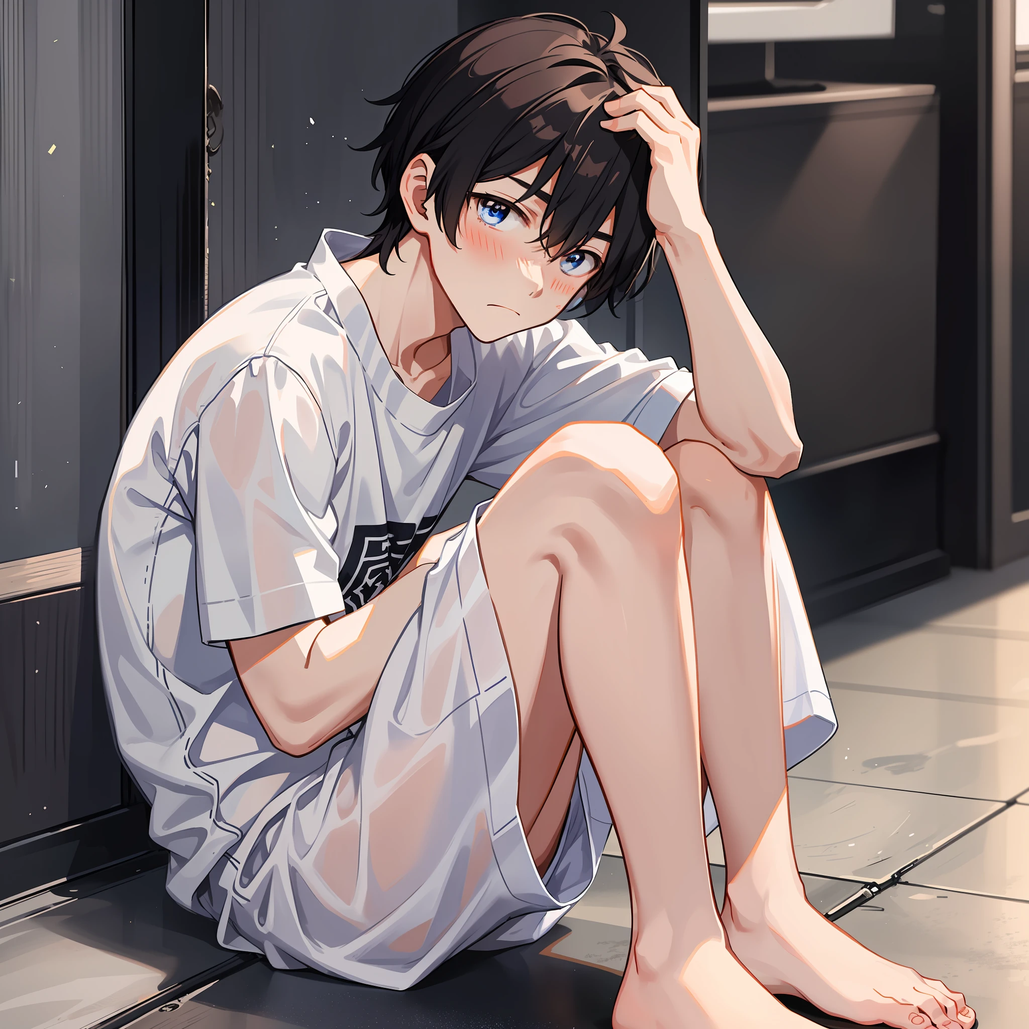 A male ager,adorable captivating,in a white shirt,He looked sad,Barefoot,sat on the ground。The blush gradually rises,Shy, But handsome。The picture style is fresh and simple,Rendered like a comic,The lens is shown as a vista,(Anime style+Soft cute)