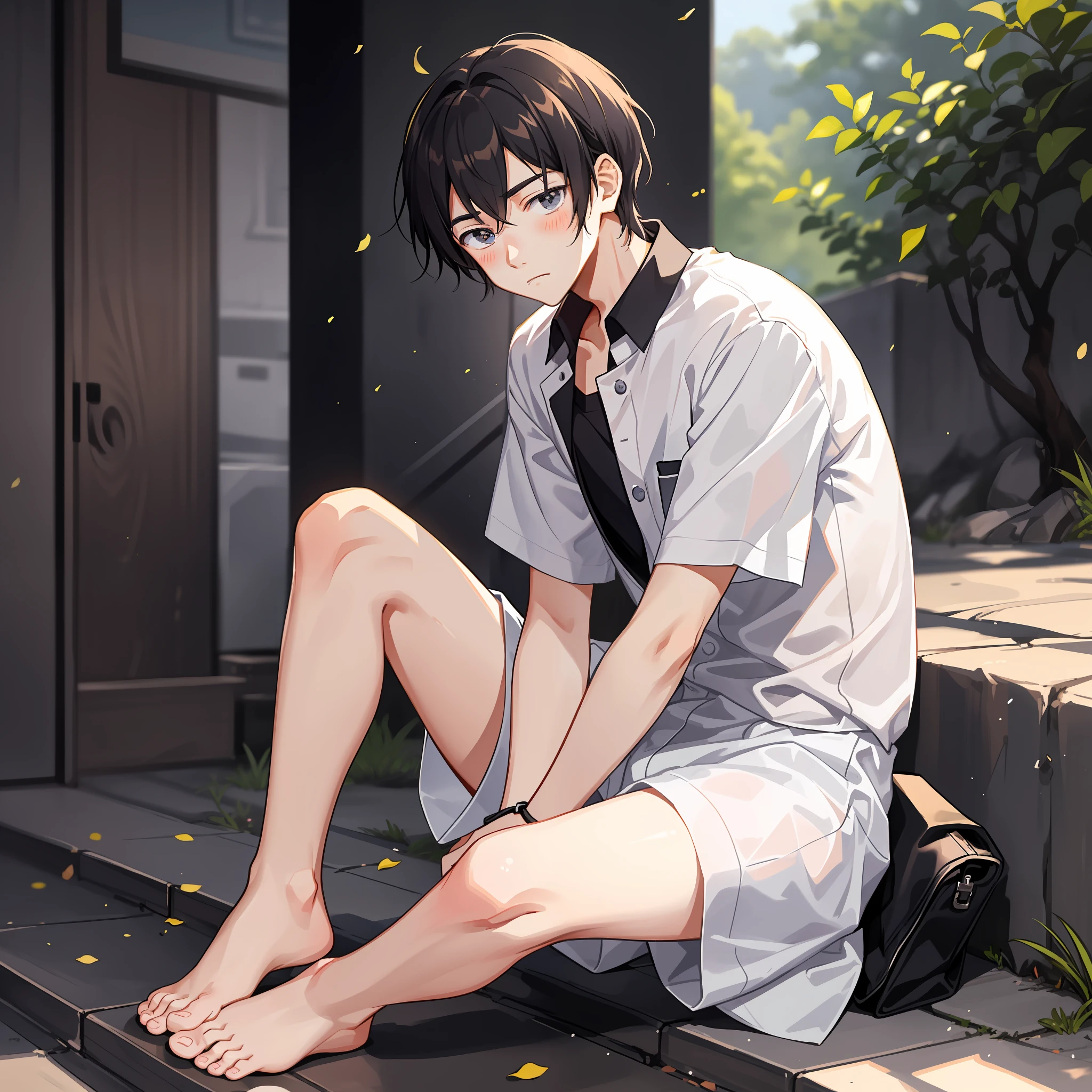 A male teenager，adorable captivating，in a white shirt，He looked sad，Barefoot，sat on the ground。The blush gradually rises，Shy, But handsome。The picture style is fresh and simple，Rendered like a comic，The lens is shown as a vista，（Anime style+Soft cute）