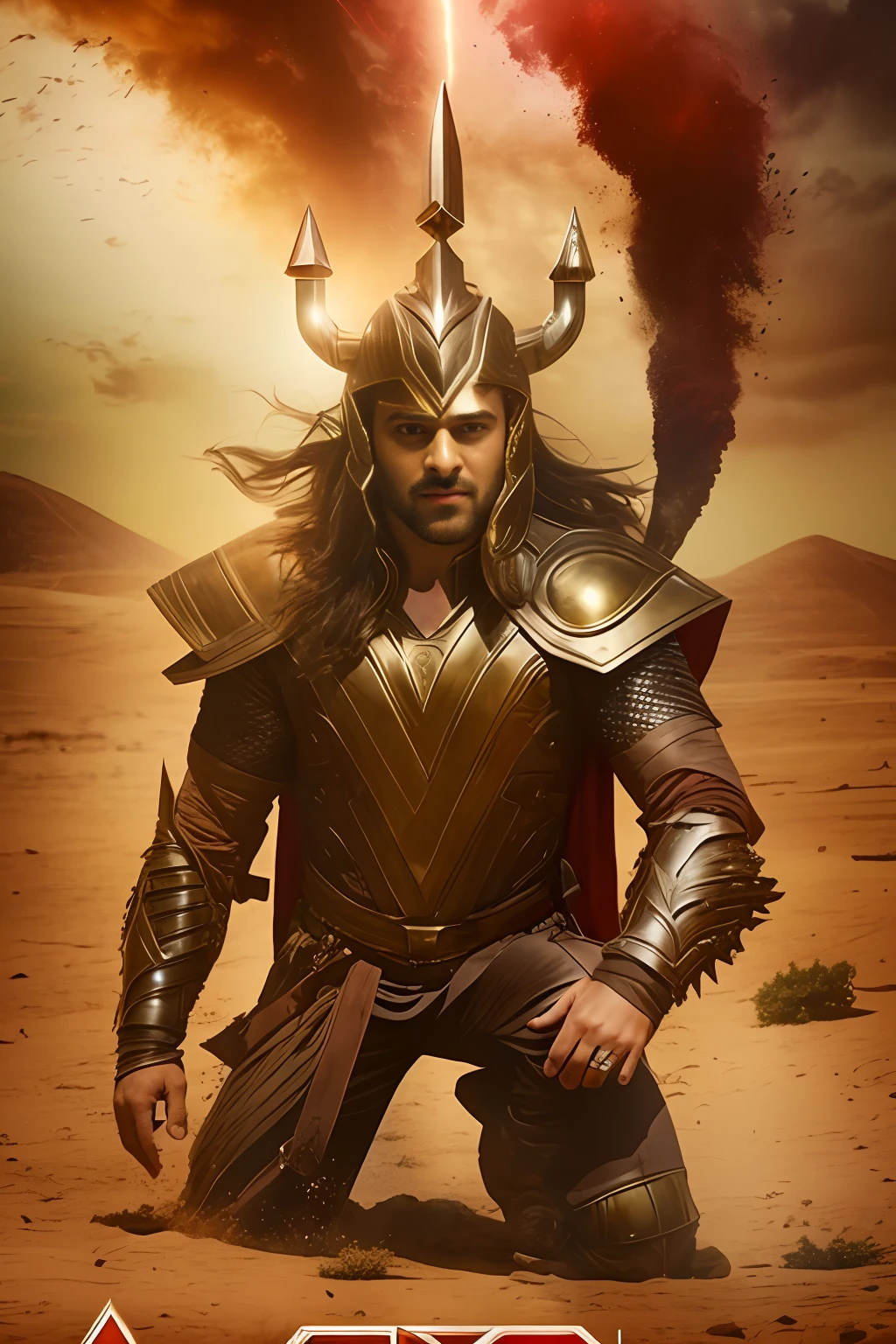 a poster of a man in armor kneeling in a desert, movie promotional image, still from a fantasy movie, vinayak, fantasy movie still, textless, 2022 movie, film still from 'thor', god of thunder, cover shot, warrior man, still from loki ( 2 0 2 1 ) starring in thor ragnarok film --auto