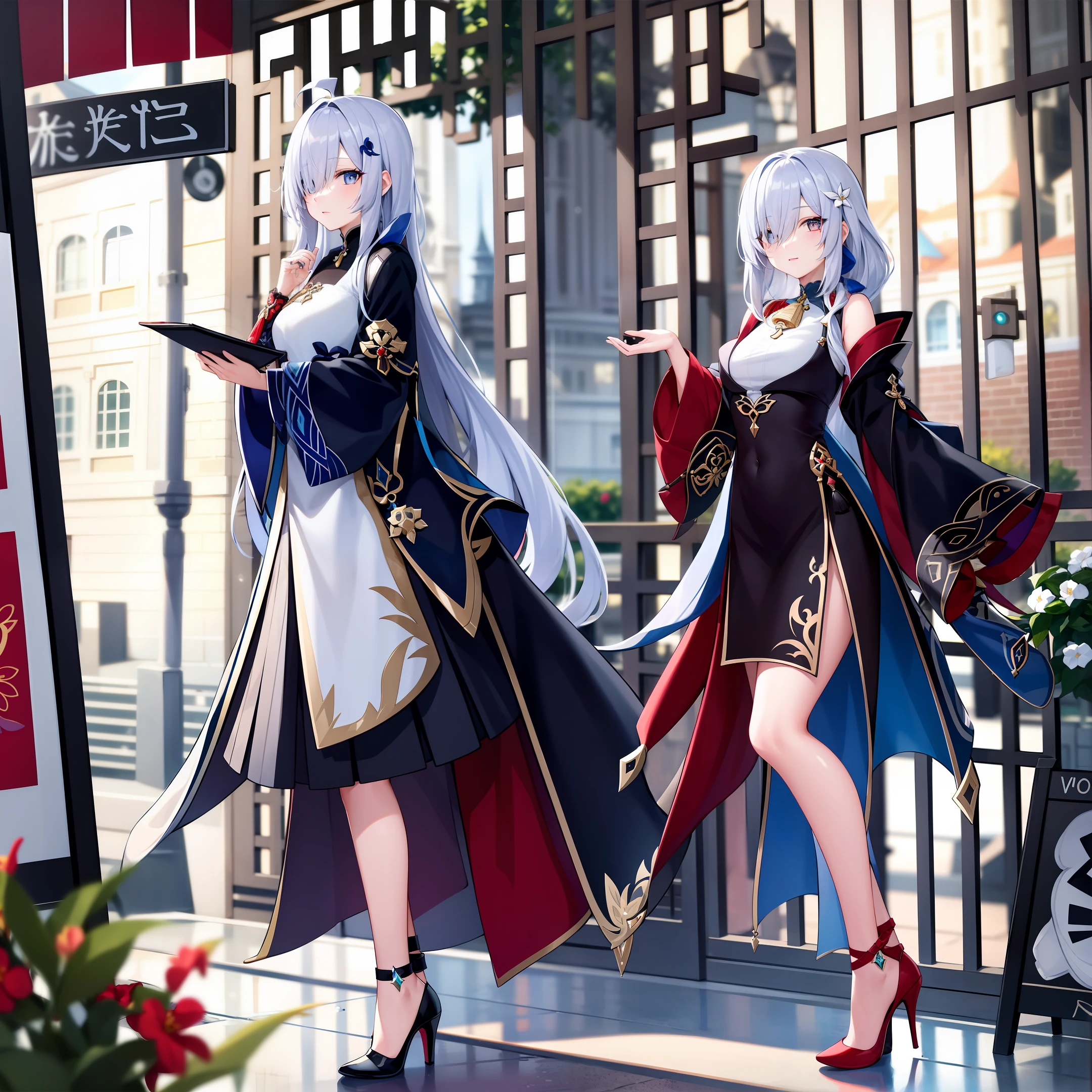 (masterpiece, best quality, ultra-detailed, highres), perfect face, sidelighting, lustrous skin, standing,
(bloom), (shine), lighting, ray tracing, sci-fi, city, street, outdoor, depth_of_field,
shenhe \(genshin impact\), silver eyes , hair over one eye, (hair ornament) , breast curtain, high heels, long hair, whirlwind of water