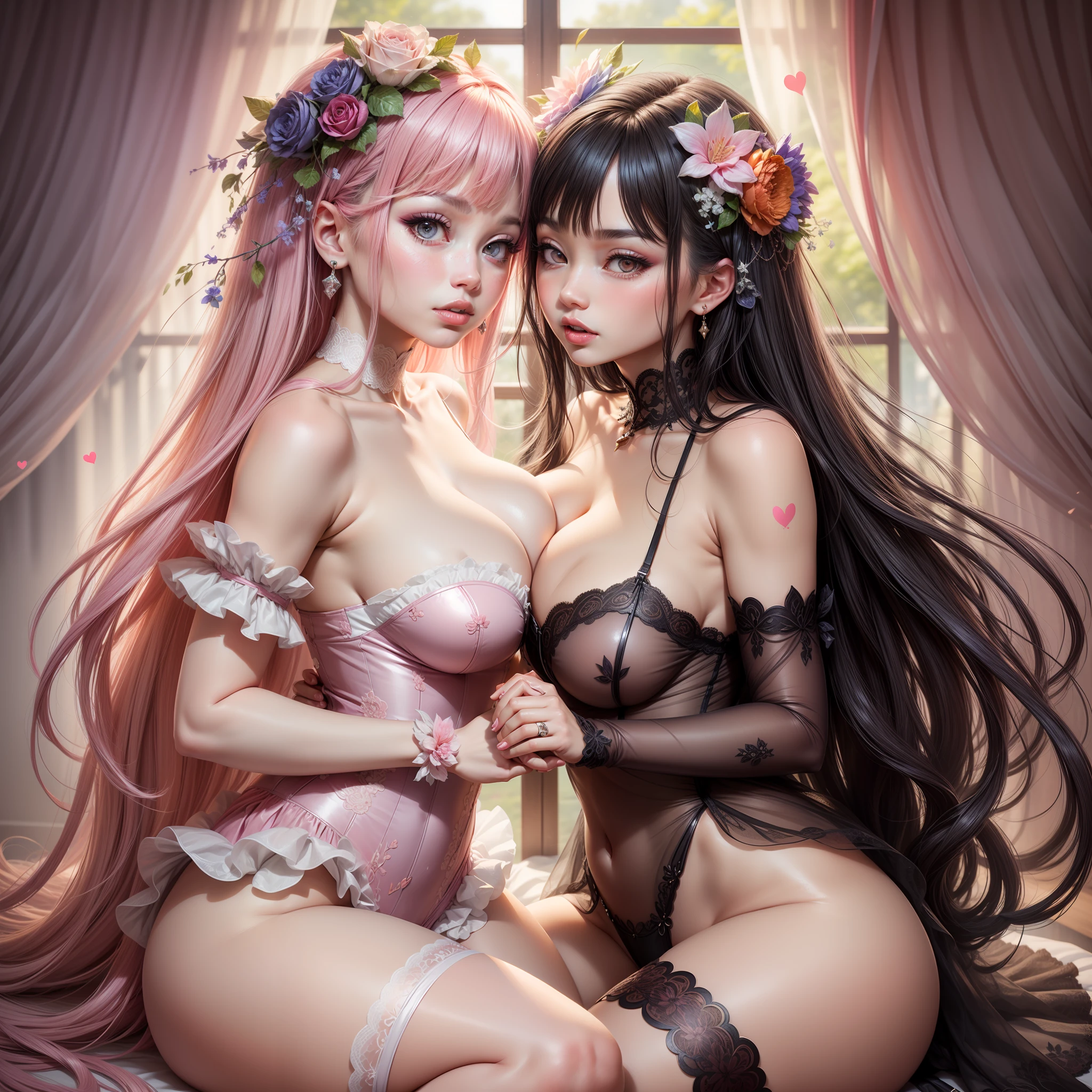 Best quality,Amazing,Masterpiece,Delicate,超高分辨率,Ultra detailed,intricately details,Beautiful detailed,8K resolution,(Extremely detailed Cg Unity 8K wallpaper),Sharp focus,((No text)),breast conscious,Huge bare breasts,Areola bareness,Bare breasts explode,Lively bare breasts,Bare breasts,Tulle tulle underwear High transparency and transparency,,Tongue stock,Makeup,cheerfulness,Reflectors,ahegao,Pink eyes,Heart earrings,2girls,Female pervert,view the viewer,hair flower,Long hair,multicolored hair,Shiny hair,Barefoot,Bottomless,Thick thighs,Bare legs,Look at each other from the front、((Feminine kiss))、(((French kiss for women)))、Women hugging each other,As if pushing each other、Staring at each other、Moist eyes、half-open lips、Beautiful、Red blush(0.2)、Functional、seductiv、Trance、instigate、Beauty、bustup、Shunguang、、Shoot diagonally down from the front、precise drawing、Detailed drawing、Precise anatomy、