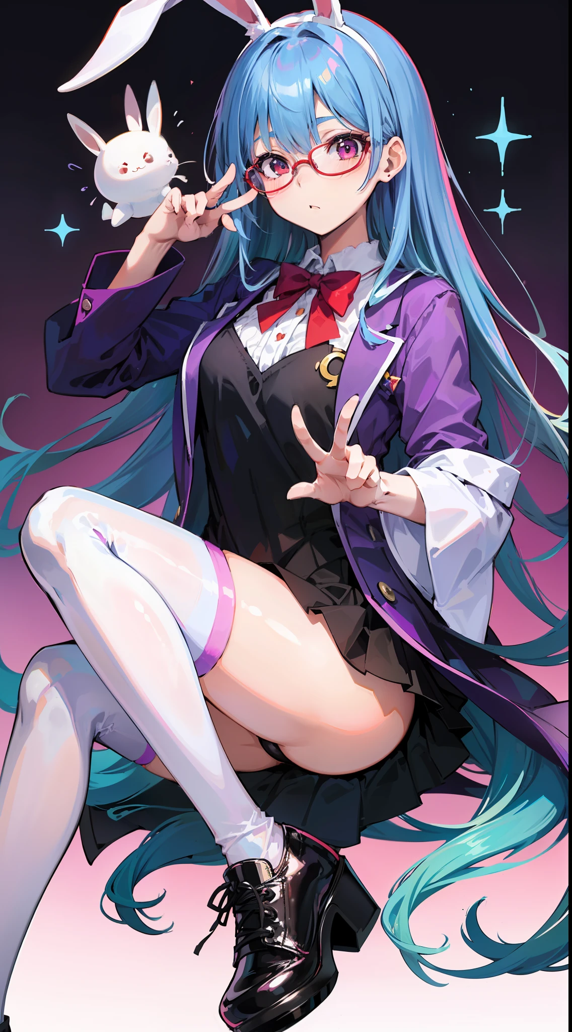 (s girl,人物,校服,Gradient Long Hair+Pale blue hair+Purple hair ends+Red Half-rimmed Glasses+Purple eye:1.2,bunnygirl,White over-the-knee stockings, Expressions are confident and static)