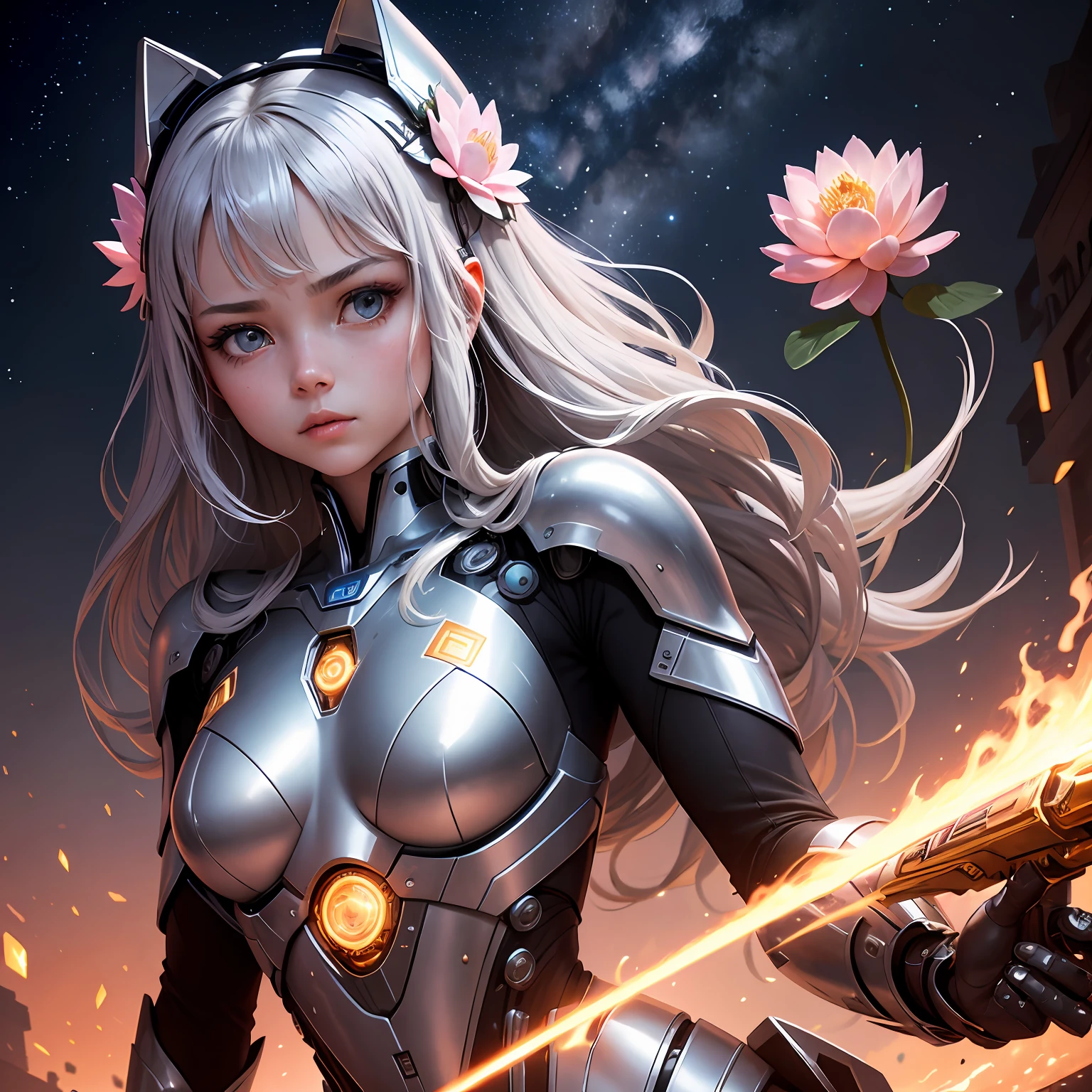 The robot is semi-metallic，Shiny，Half is the face of a girl lost in thought，The girl's eyes are the appearance of stars，Supernatural art，Magnificent，full bodyesbian，Wielding a metallic spear，The tip of the spear blossoms with lotus flames，