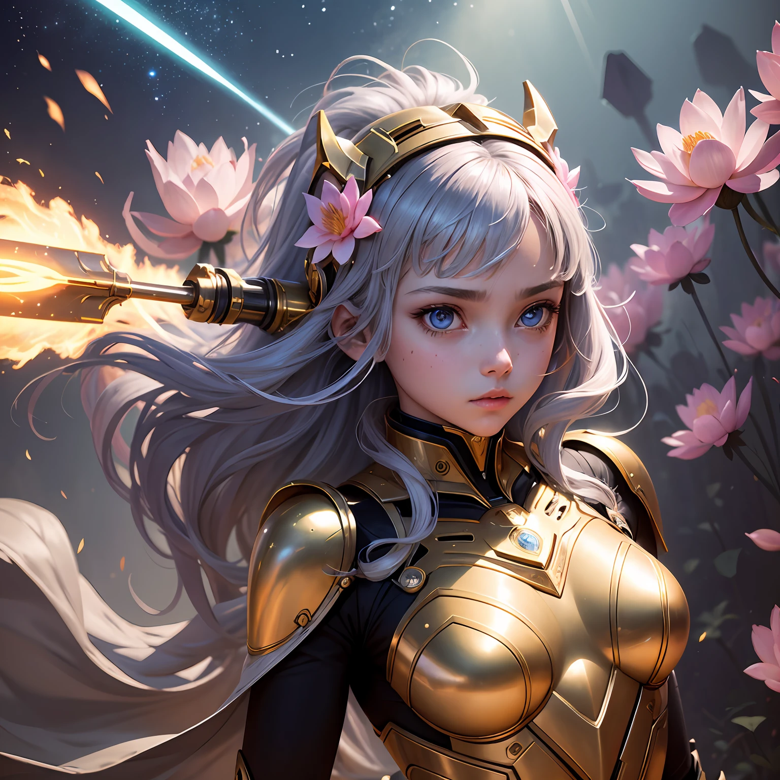 The robot is semi-metallic,Shiny,Half is the face of a girl lost in thought,The girl's eyes are the appearance of stars,Supernatural art,Magnificent,full bodyesbian,Wielding a metallic spear,The tip of the spear blossoms with lotus flames,
