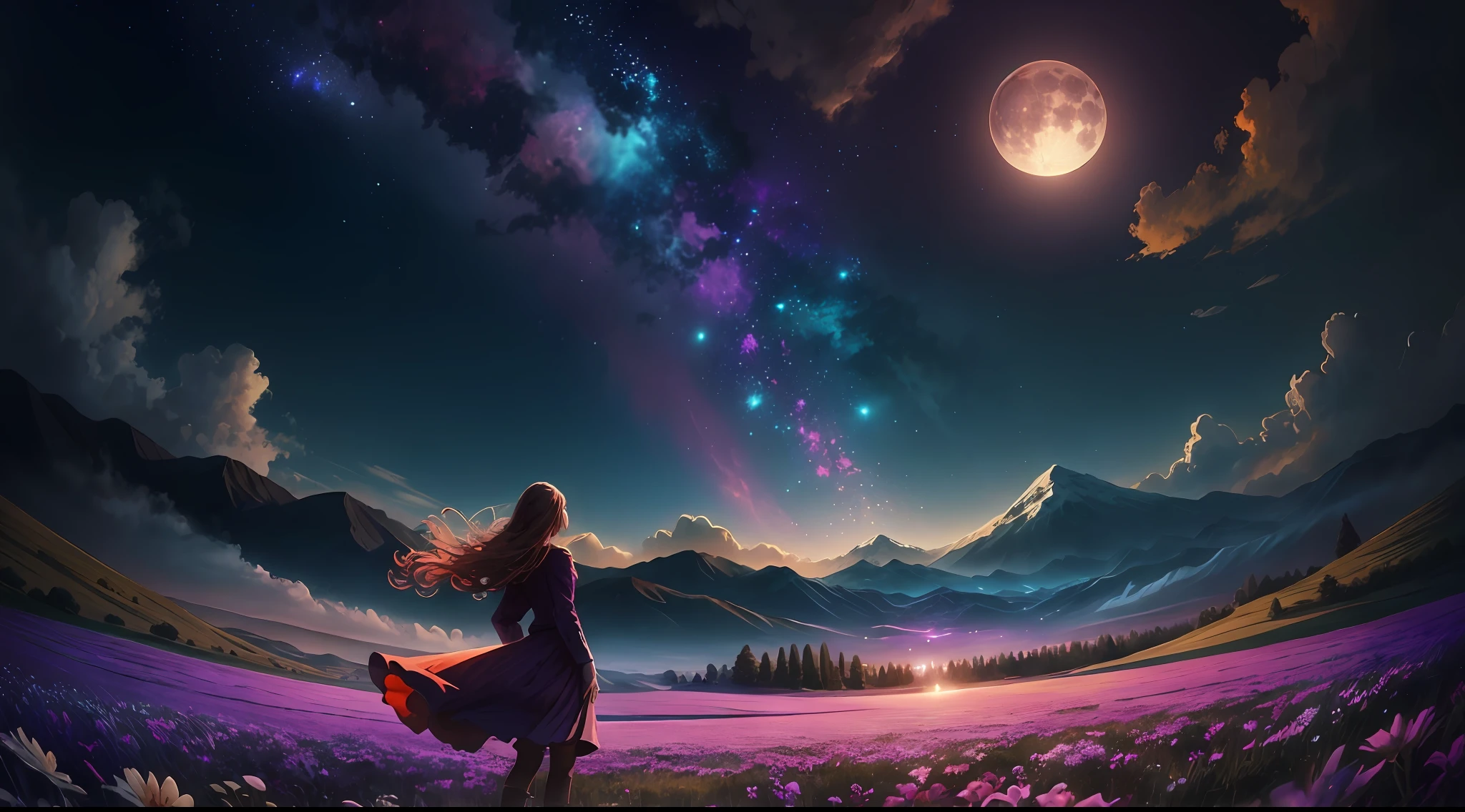 A wide landscape photo, (viewed from below, the sky is above, and the open field is below), a girl standing on a flower field looking up, (full moon: 1.2), (meteor: 0.9), (nebula: 1.3), distant mountains , Trees BREAK Crafting Art, (Warm Light: 1.2), (Firefly: 1.2), Lights, Lots of Purple and Orange, Intricate Details, Volumetric Lighting BREAK (Masterpiece: 1.2), (Best Quality), 4k, Ultra Detailed, (Dynamic Composition: 1.4), Rich in Detail and Color, (Rainbow Color: 1.2), (Glow, Atmospheric Lighting), Dreamy, Magical, (Solo: 1.2)