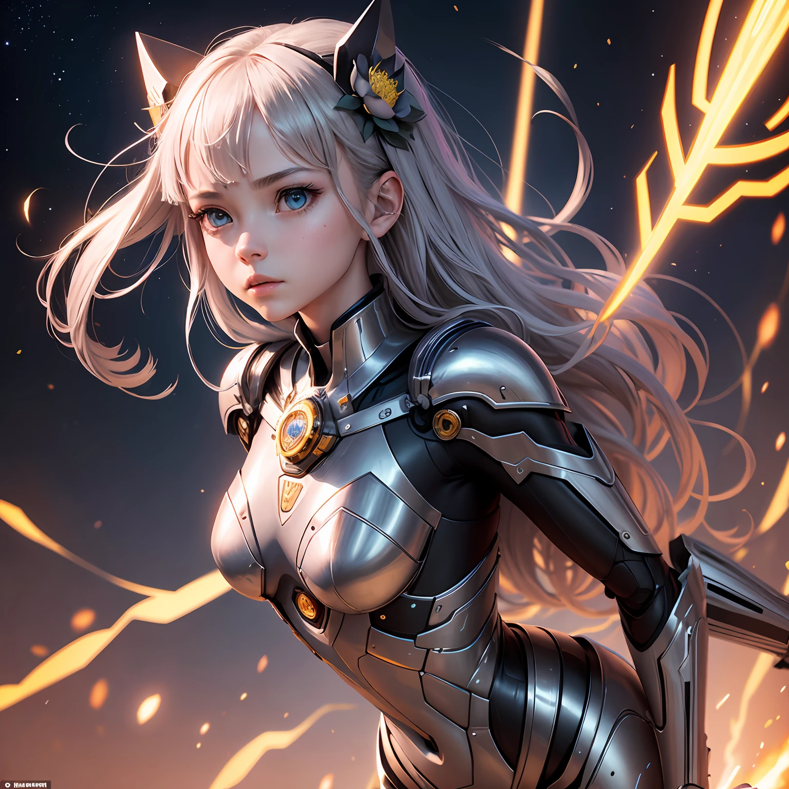 The robot is semi-metallic，Shiny，Half is the face of a girl lost in thought，The girl's eyes are the appearance of stars，Supernatural art，Magnificent，full bodyesbian，Wielding a metallic spear，The tip of the spear blossoms with lotus flames，