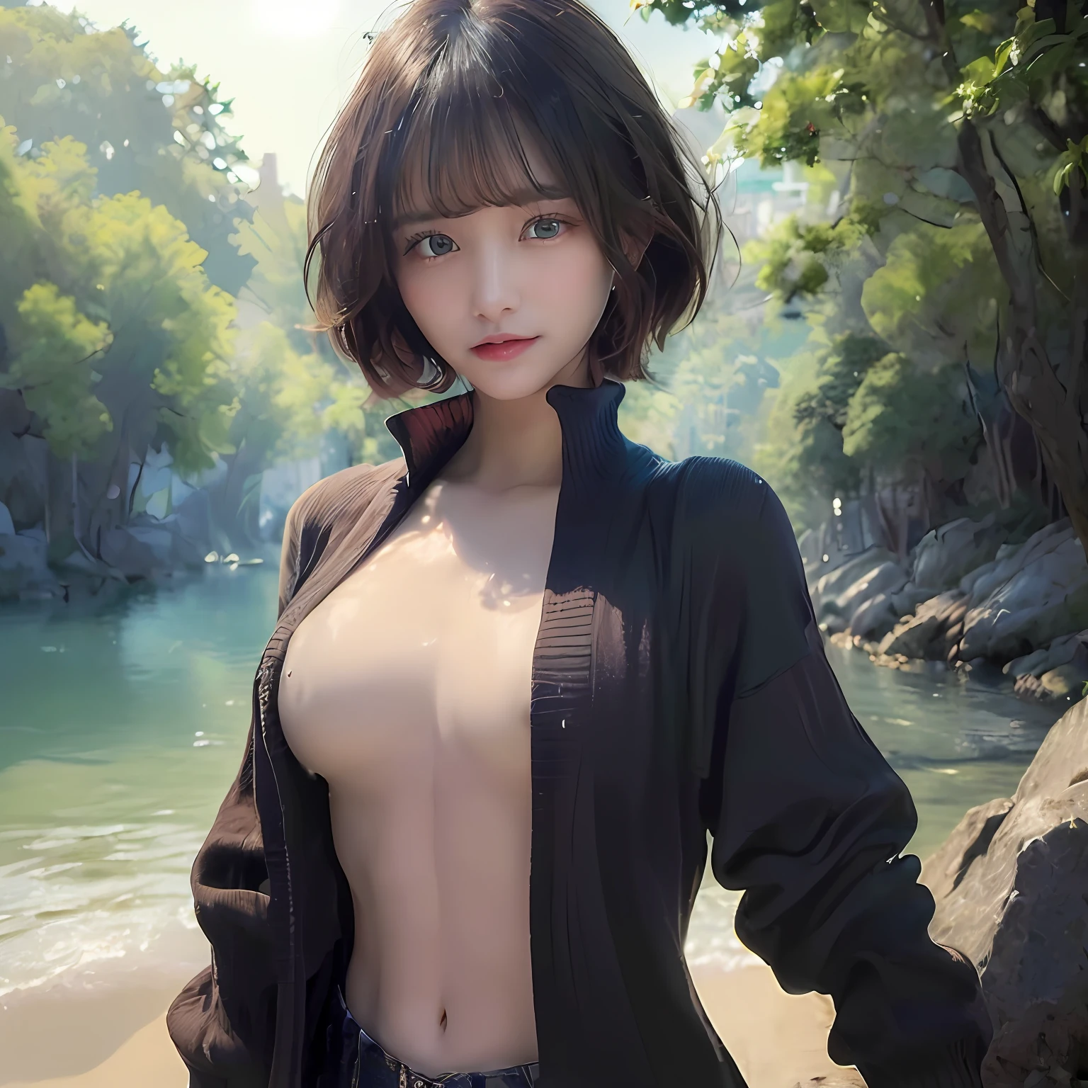 ((top-quality、8K、​masterpiece:1.3))、女の子1人、Beautiful woman with slender abs:1.3、(Medium short hair、爆乳:1.2)、Cardigan:1.1、hyperdetailed face、A detailed eye、二重まぶた、Reluctant look、Glaring expression、Angry look