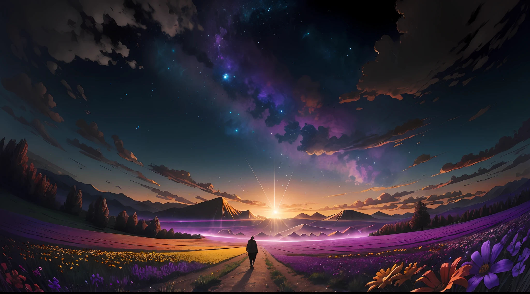 A wide landscape photo, (viewed from below, the sky is above, and the open field is below), a girl standing on a flower field looking up, (full moon: 1.2), (meteor: 0.9), (nebula: 1.3), distant mountains , Trees BREAK Crafting Art, (Warm Light: 1.2), (Firefly: 1.2), Lights, Lots of Purple and Orange, Intricate Details, Volumetric Lighting BREAK (Masterpiece: 1.2), (Best Quality), 4k, Ultra Detailed, (Dynamic Composition: 1.4), Rich in Detail and Color, (Rainbow Color: 1.2), (Glow, Atmospheric Lighting), Dreamy, Magical, (Solo: 1.2)