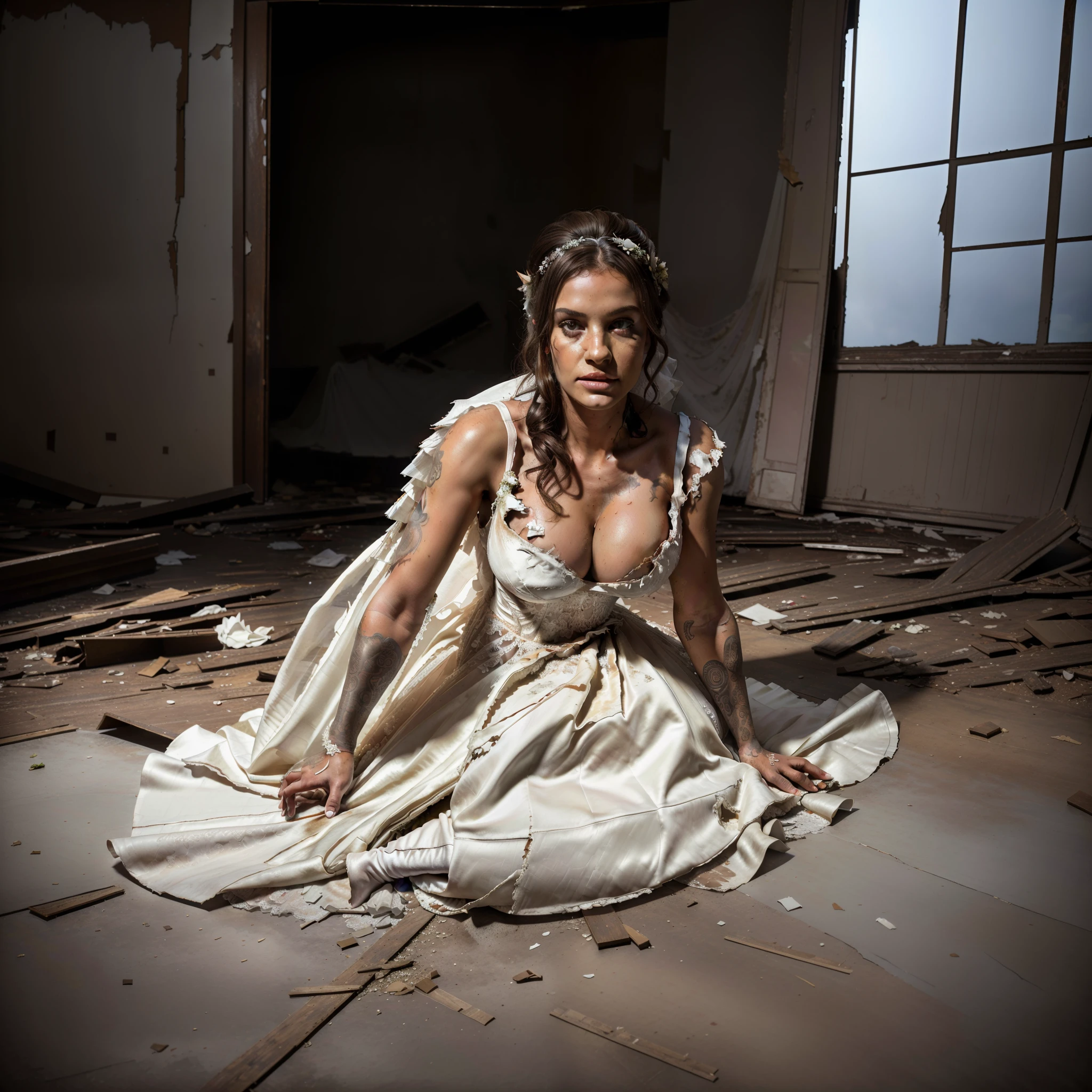 top-quality, masterpiece, 36K, very high res, hyper realistic photography, (((Full body shot))), (Crawl on all fours to the viewer, abandoned houses), 1girl in, perfect human shape, ((outfit: torn, wedding dress)), Portrait, hyper detailed face, ultra realistic textures, ultra huge cleavage, (erotic bride),