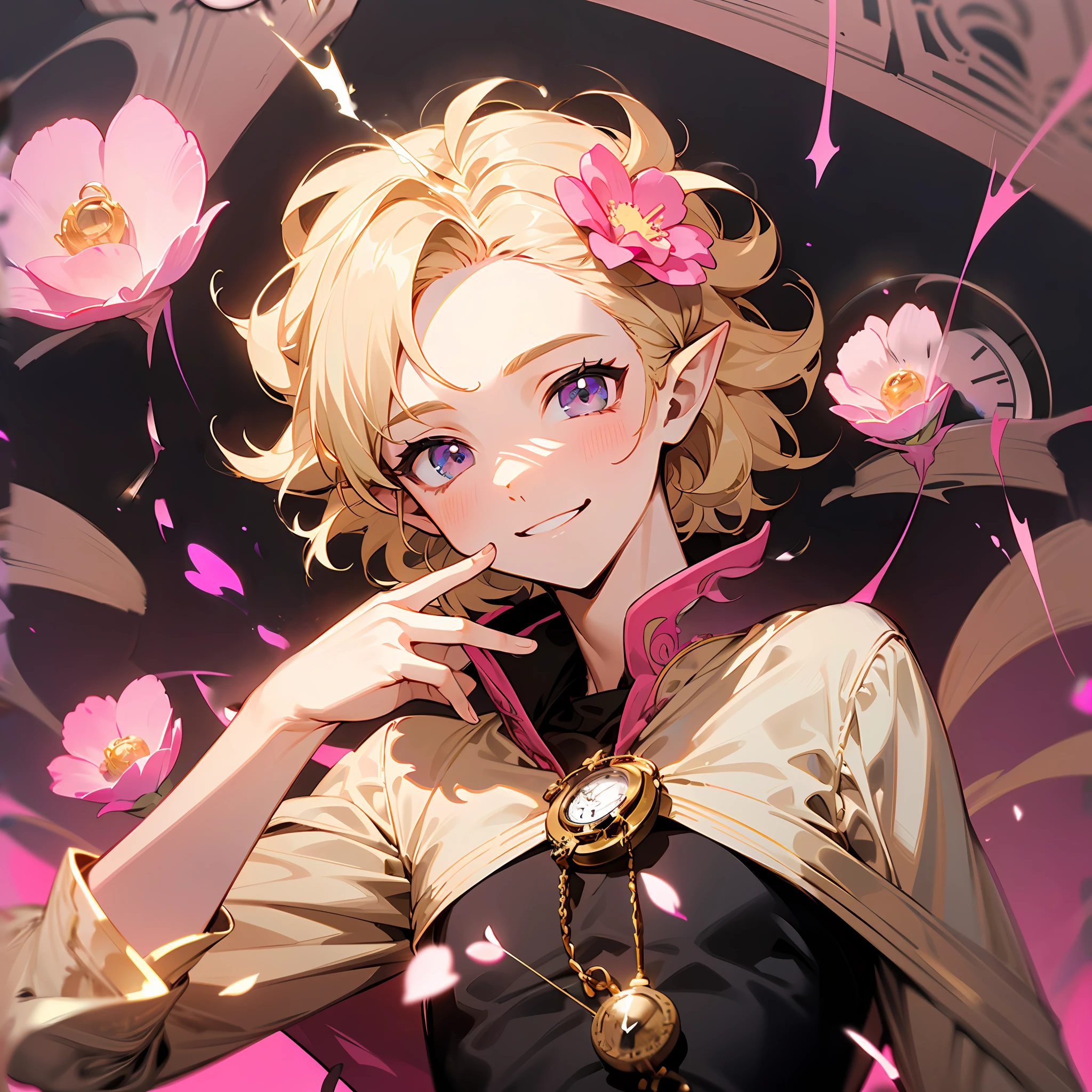young man, twink, (((male))), (((man))), (((one person))), single, solo, (((very light blonde hair))), (((pink colored eyes))), (medium short hair), (chin-length hair), wavy hair, slim figure, ((flat chest)), ((wearing fantasy clothes)), ((fantasy style)), ((wearing flowers in his hair)), (flowercrown), ((pointy ears)), sunny weather, smiling, (((light pink colored eyes))), (((casting a magic spell))), smooth skin, (magic), (holding one small pocketwatch), (casting a spell with the pocketwatch)