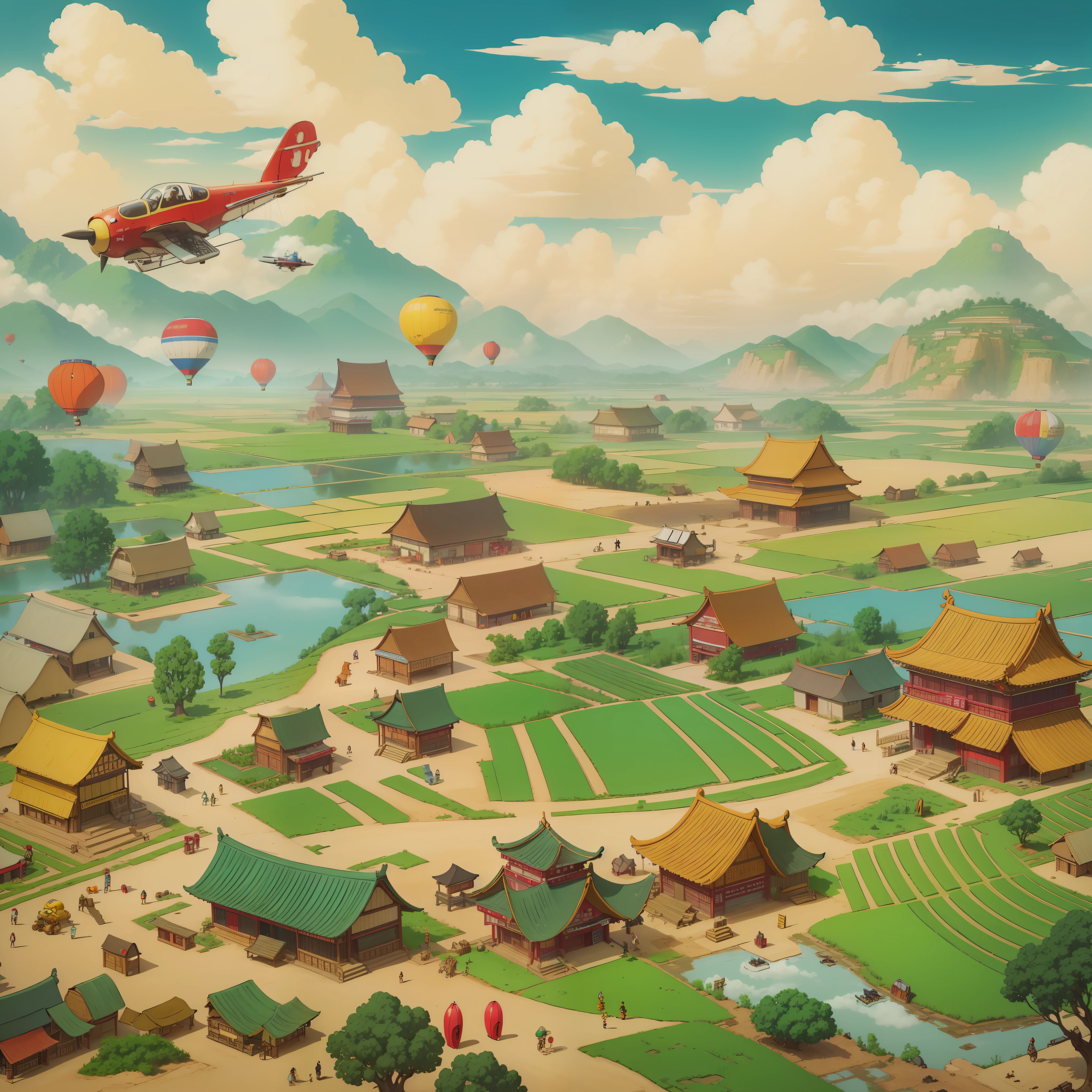 The land of China in the 80s,Men in straw hats grow rice in the fields,and the sky is blue,There are a lot of white clouds,There are hot air balloons in the sky,RC aircraft,There are cars on the ground,playground,immensely detailed scene