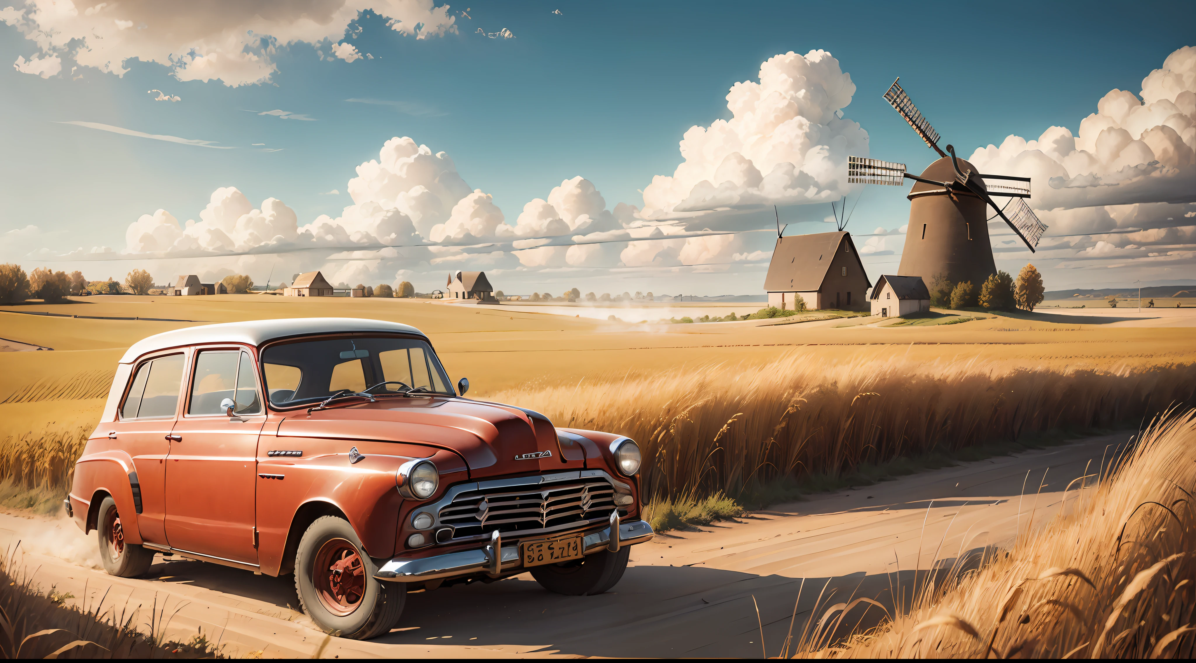 "Vintage red car driving along a dusty dirt road through a golden wheat field with an old windmill in the background, under a sunny sky with fluffy clouds."