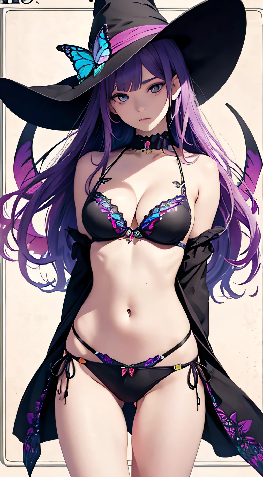 a picture,colorful butterfly,Girl,Bikini,Upper body,Witch hat,(Detailed face:1.2), (Medium breasts),(cleavage),(thigh band),Long hair,Asymmetrical bangs,Tarot border,The portrait is centered,(without weapons),(bouncing breasts),Real girl photo --auto