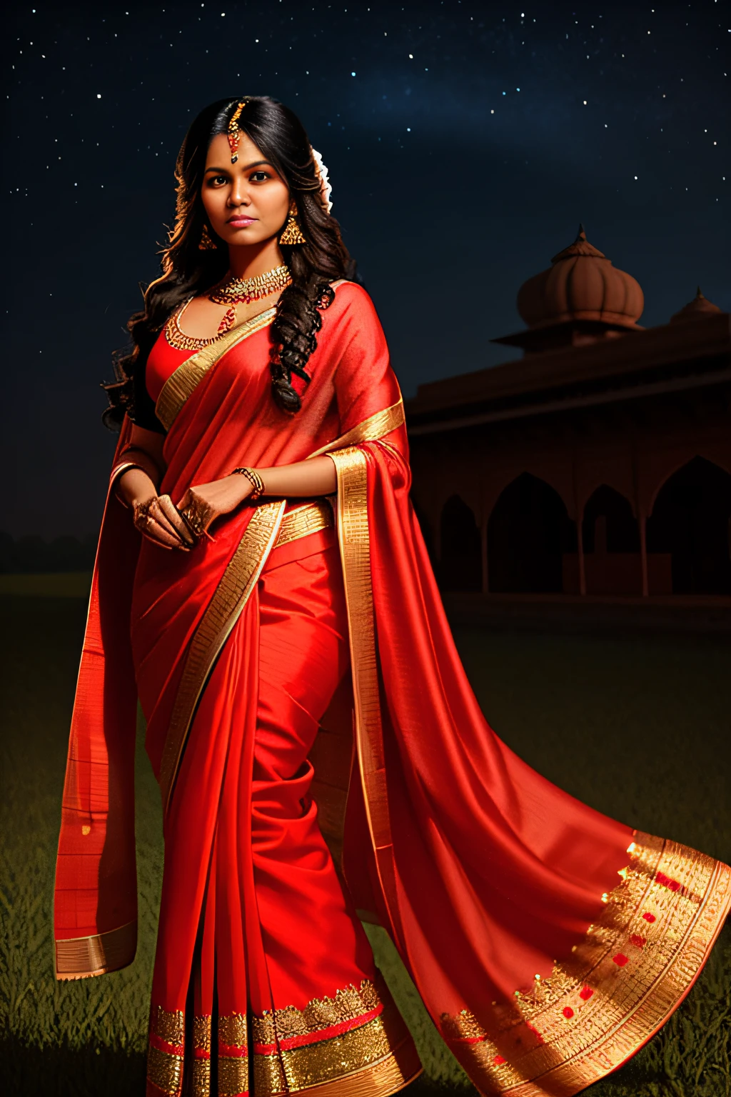 masterpiece, ultra detailed, hindi woman, india, wearing traditional hindi attire, wearing sari, long hair, windy, wearing, background is rural area, (night:1.2), detailed shadow, detailed face textures