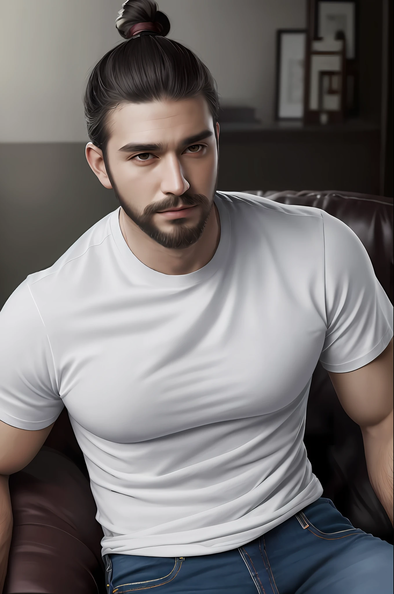 Best quality, masterpiece, ultra high res, portrait, (photorealistic:1.4), raw photo, handsome manly man, Top Knot, wearing white basic round neck plain Tee-shirt, tight jeans, boots, beard, detailed face textures,