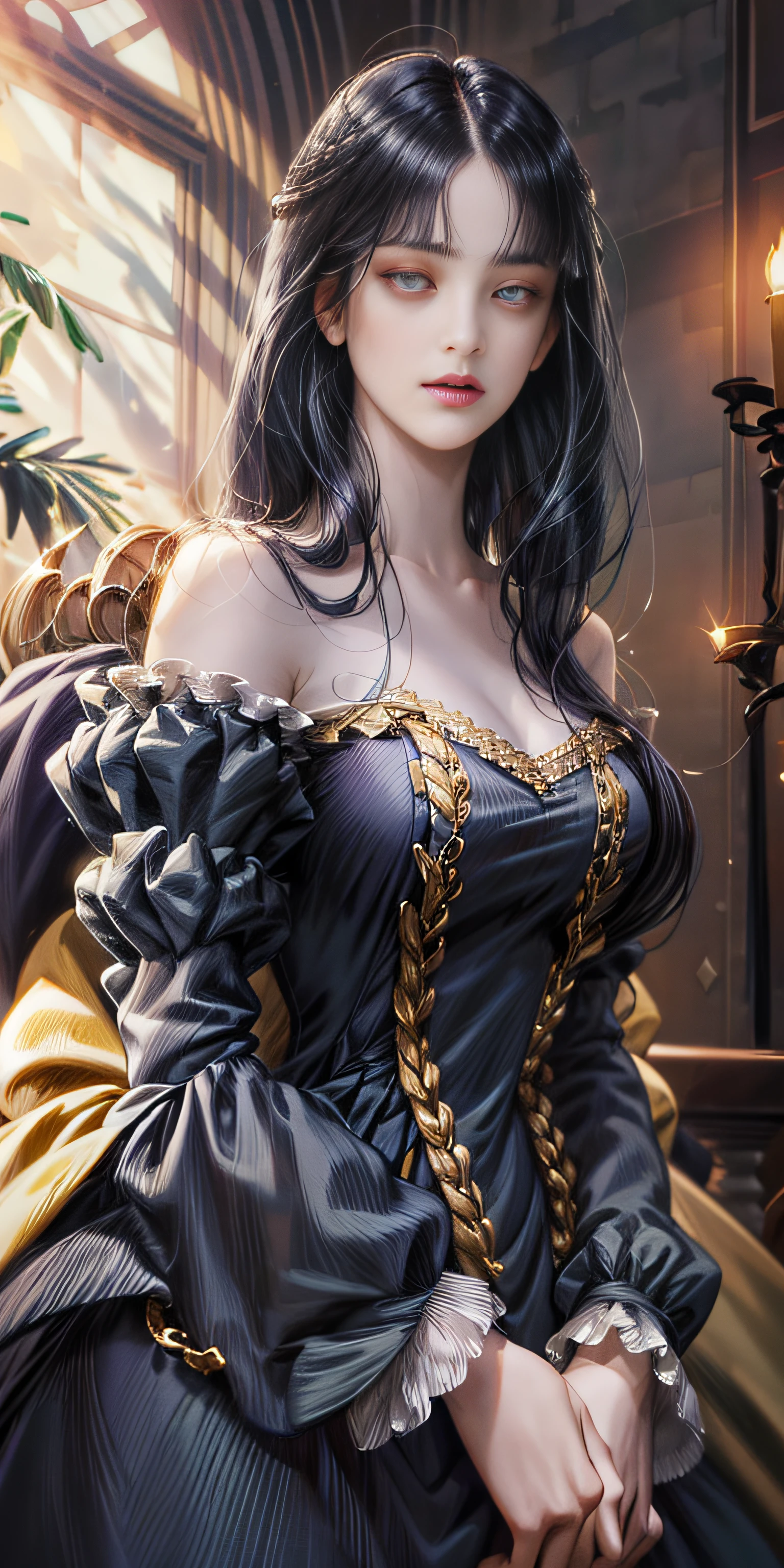 (absurdres, highres, ultra detailed), 1girl, solo, mature, (very long hair, dark blue hair), Baroque, long dress, long sleeve, elegant, colorful, highest detailed, upper body, (purple eyes), ((blunt bangs)), beautiful face