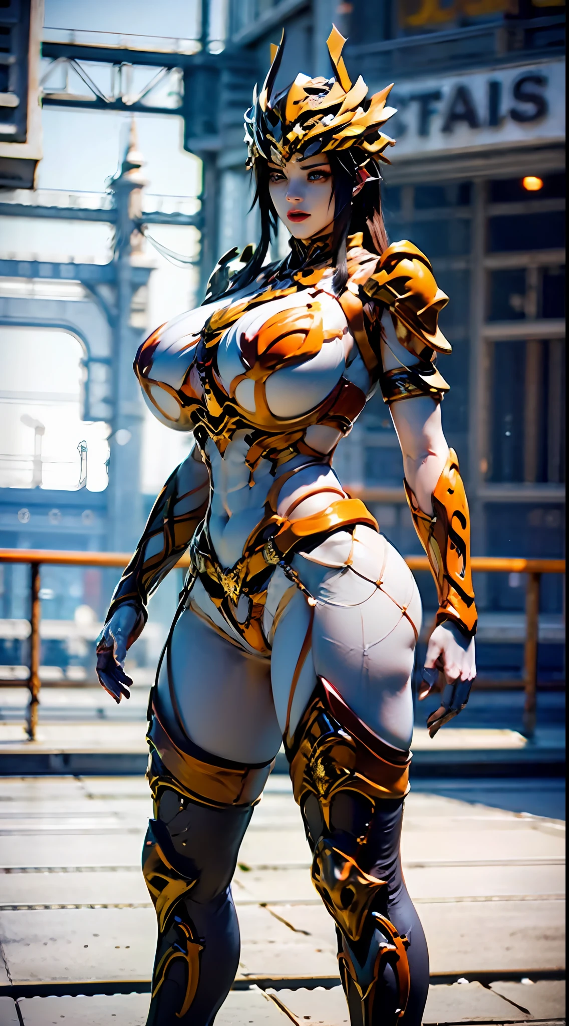((Unreal Engine 5)), Realistic Rendering, Excellent, Full armor, knight Cloak, helm, (Yoga hotpants), looking on camera, sexy posing walking down on street, waifu, beautiful face, makeup, CGImix, (photorealism:1.2), ultrarealistic uhd face, (huge fake boobs:1.4), (gigantic breasts:1.1), (muscle abs), (big butt), (wide hips), (thick thighs), slim waist, hourglass figure, half body, ((glowing skin)), ((shiny skin)), Realistic body, ((she is sexy body)), ((clean skin)), photorealistic, bokeh, motion blur, masterpiece, highres, 1080P, super detail, textured skin