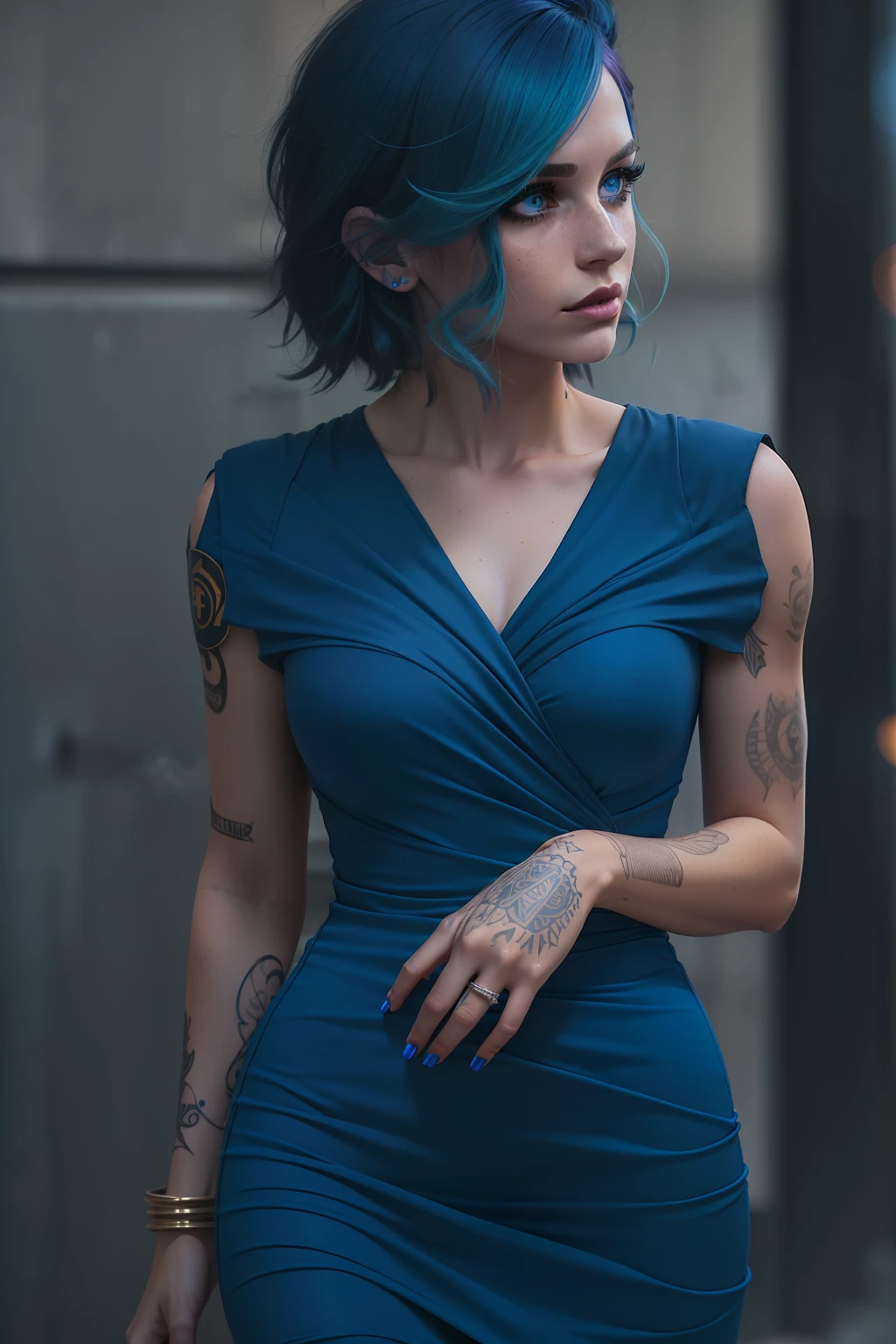 ((Hayley Williams walks on the street at night)), ((schlanke junge Frau)), ((she wears an all-royal blue pencil dress)), ((schulterfreies Kleid)), ((Micro-Kleid)), ((sehr kurzes Kleid)), ((schulterfreies Kleid)), (collarbone), (kleiner Kopf), ((natural skin texture)), ((Freckles on the face and upper body)), (fotorealistisch), (Raytracing), (scharfer Fokus), ((es ist dunkel)), ((smokey_eyes)), ((eyeliner)), ((royal blue))