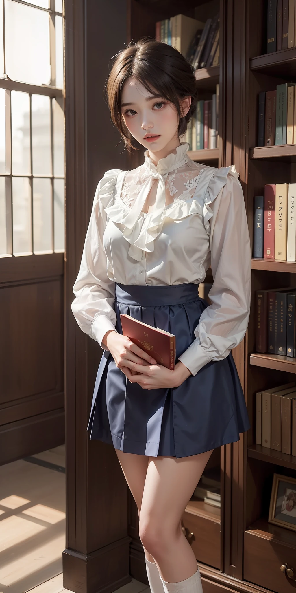 30-year-old woman with、(hi-top fade:1.3)、length hair、Dark theme、Soothing tones、Subdued Color、highly contrast、(natural skin textures、Hyper-Realism、Soft light、sharp)、Capture the serene beauty of a young woman immersed in the peaceful atmosphere of the library。Soft diffused lighting gently illuminates her features、Emphasis on her delicate expression、Creates a quiet atmosphere。Library shelves full of books、Provides a background of knowledge and wisdom。Focus on capturing the natural charm and elegance of models、Maintains the essence of calm and reflective moments。Lovely 21-year-old Japan gravure model with soft, wavy gray-brown hair adorned with ribbons、You will be captivated with a seductive look。(White blouse with ruffles、Blue skirt with ruffles、I'm wearing white ankle socks with ruffles。Standing in front of a bookshelf、Exudes a melancholic charm)、Create a scene where beauty and ephemerality intertwine。