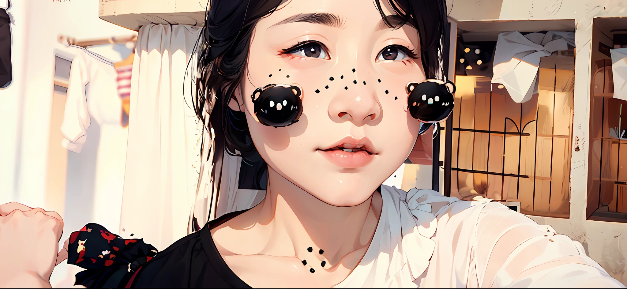 A woman dressed in black，Slightly white spots on the face，The face is round and cute，Particularly symmetrical，It has the characteristics of a Korean face，Looks young and cute。Her facial features are accurate and charming，The cheekbones are well defined，She is a typical cute Korean beauty。