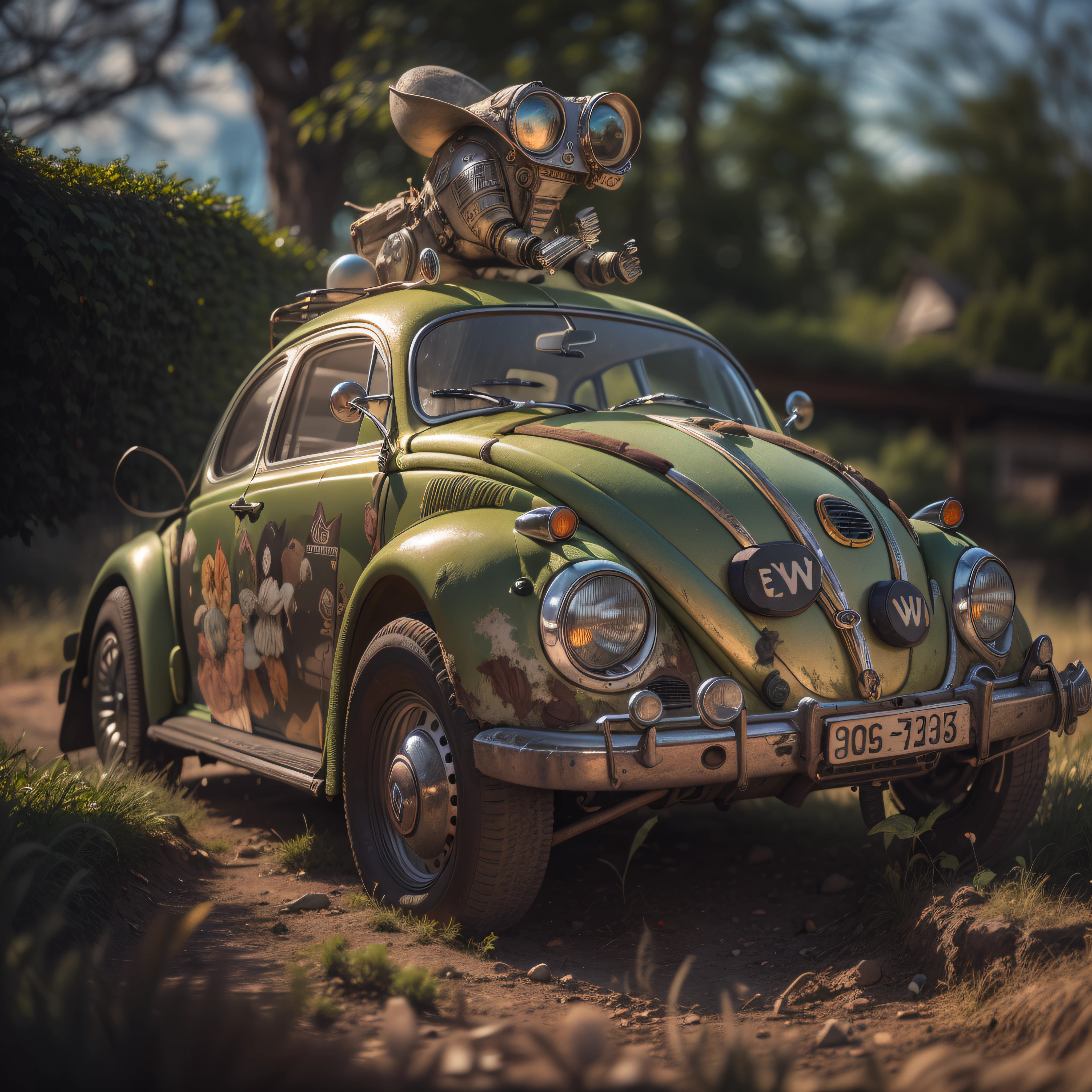 "Portrait of a vw steampunk bug car made of spare parts, lens flare, Canon, Fujifilm, 8k, super detail, ccurate, best quality